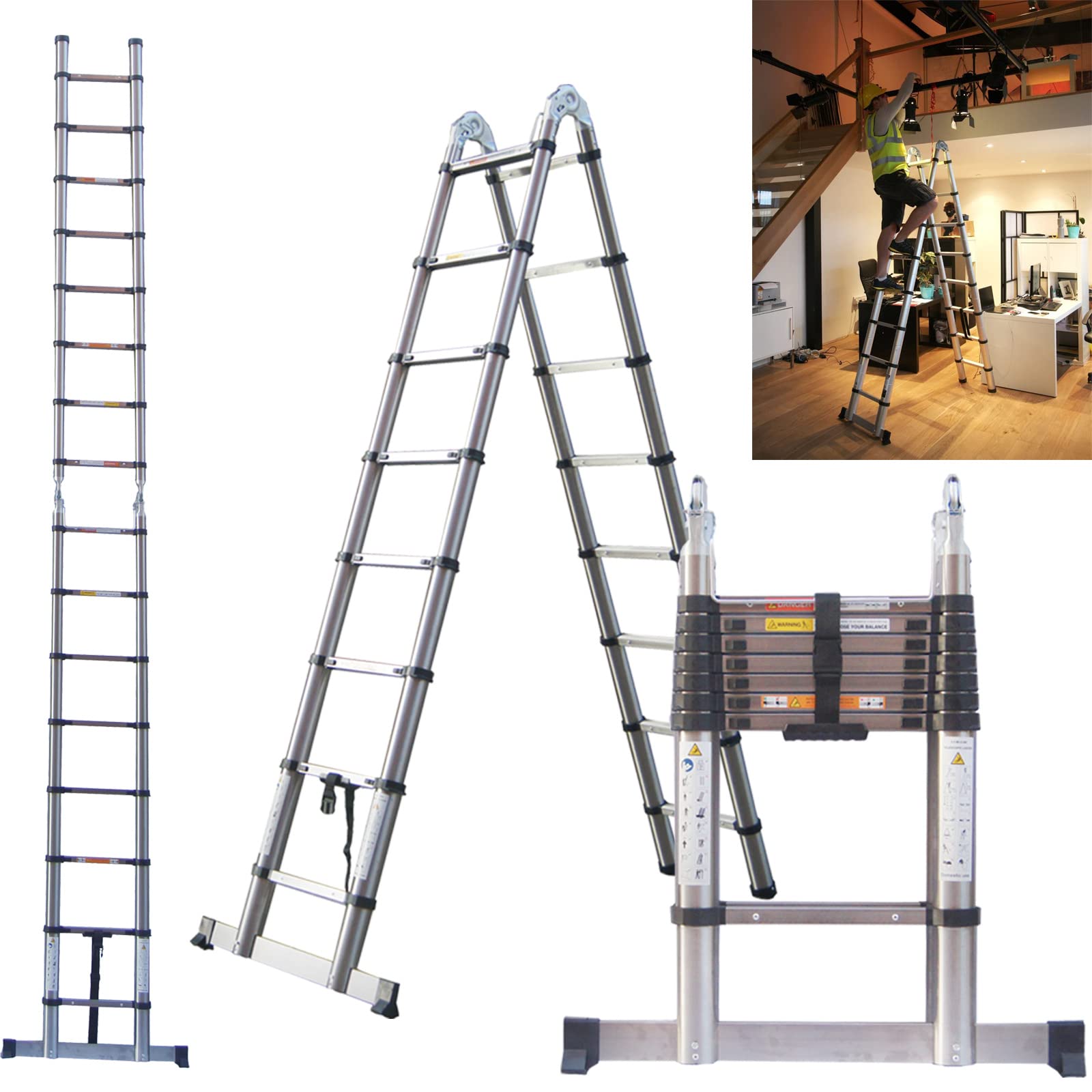 5m Telescopic Ladders EN131 Standards with Stabiliser, 2.5m+2.5m A Frame Telescopic Multi Purpose Combination Step Ladder, Extension Ladders Extendable Folding Garden Loft Ladder for Window Cleaning — image 1