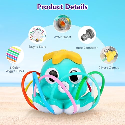 Miniatura 4 de MoKo Rociador de agua para niños, bonito aspersor con 8 tubos de movimiento y 2 abrazaderas de manguera, rociadores al aire libre, pulpos de verano,