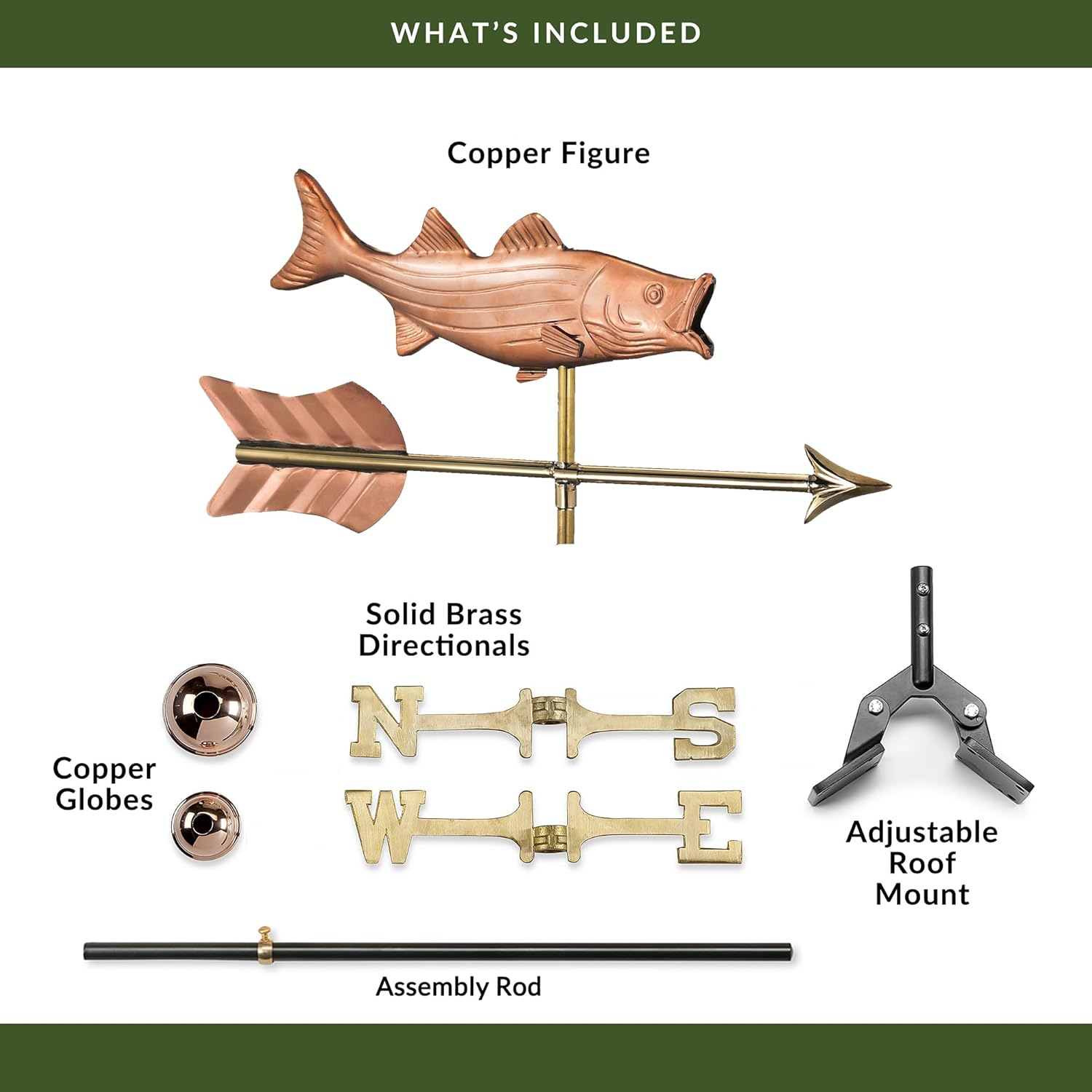Good Directions Bass with Arrow Cottage Weathervane - Pure Copper with Roof Mount