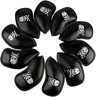 CRAFTSMAN GOLF 10pcs Black Skull Thick Pu Synthetic Leather Golf Iron Head Covers Set Headcover Skull Fit All Brands Callaway, Ping, Taylormade, Cobra Etc.
