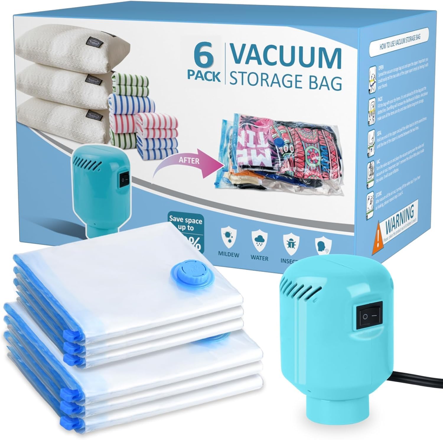 Morecoo Vacuum Seal Bags for Clothing, 6 Pack Vacuum Storage Bags (3 Jumbo/3 Large) with Electric Pump, Packing Cubes Compression Space Saver for Comforters, Blankets - Ideal for Travel