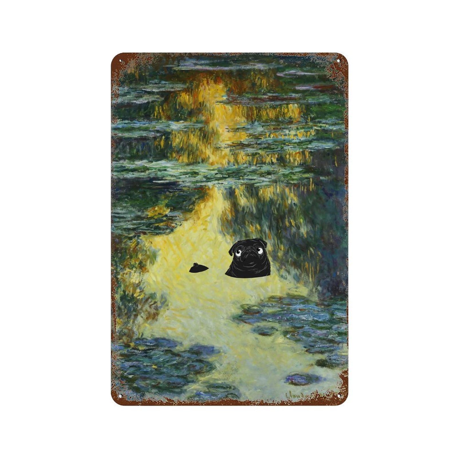 Pug Water Lilies Monet Retro Metal Sign 11.8"x7.9", Farmhouse Wall Decor for Cafe, Home Bar And Lounge Decor