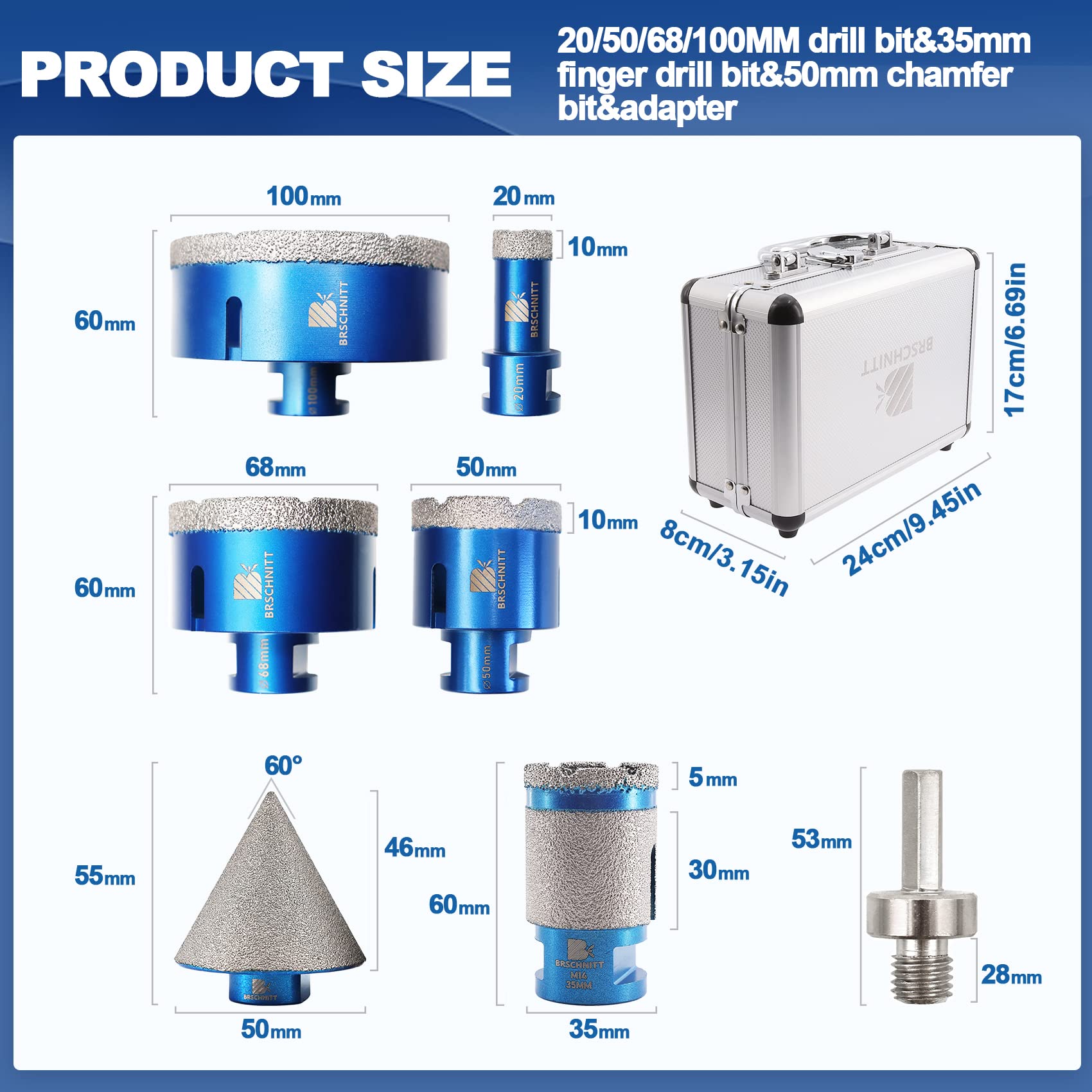 Diamond Core Drill Bit Set for Porcelain Tile Ceramic Marble Granite Drilling,BRSCHNITT 20/50/68/100mm tile bit & 35mm finger drill bit &50mm diamond chamfer bit with M14 Thread &adapter - Image 2