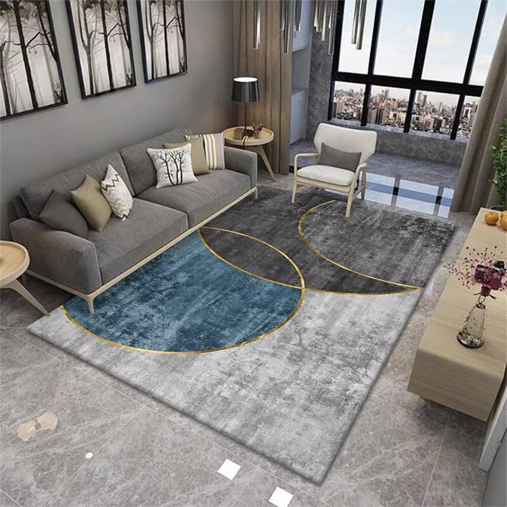 Tapis de salon gris-bleu 140x200cm au motif géométrique circulaire pour l'entrée et le jeu