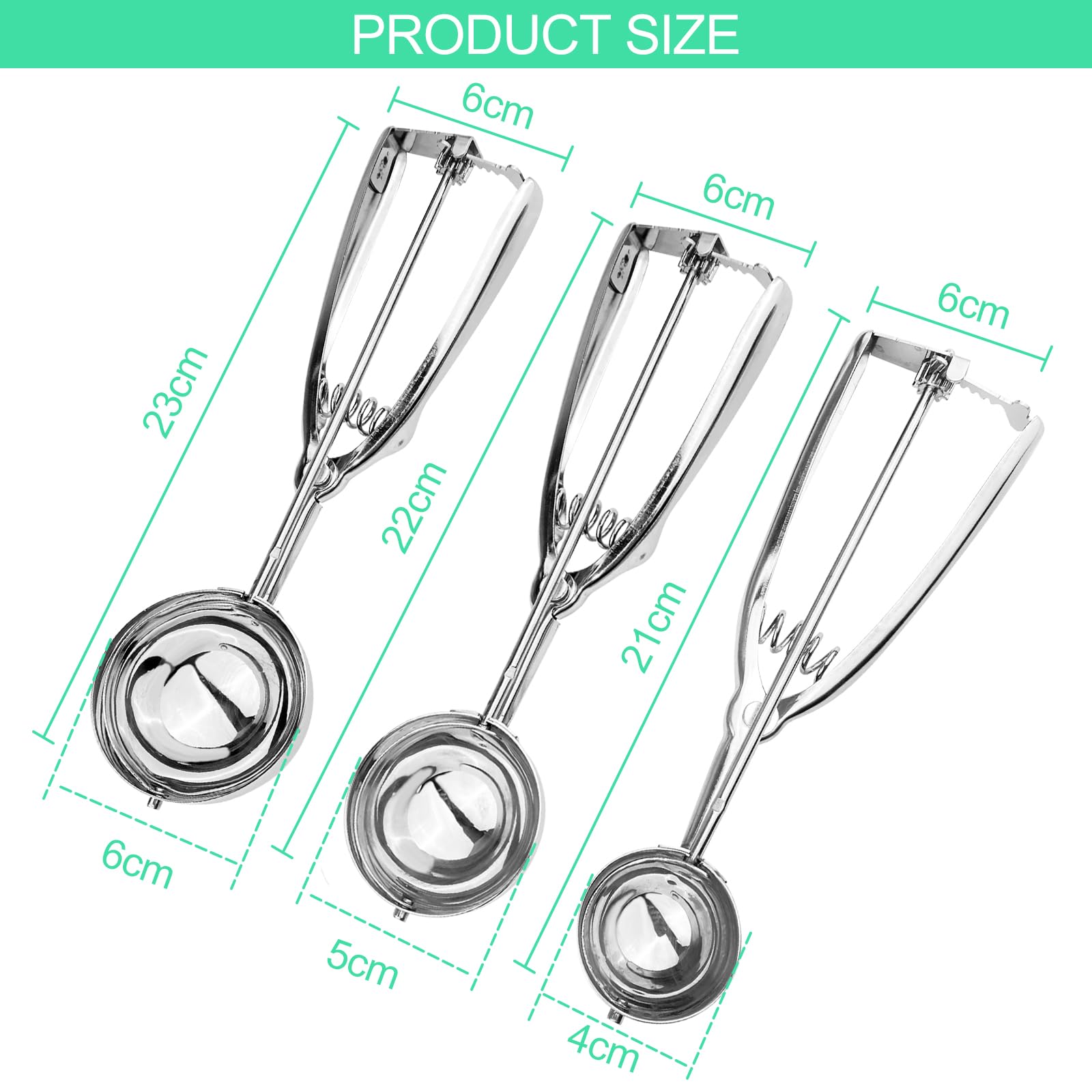 Cucchiaio per Gelato in Acciaio Inox 3 Pezzi, Dosatore Gelato 4-6 cm, Paletta con Grilletto