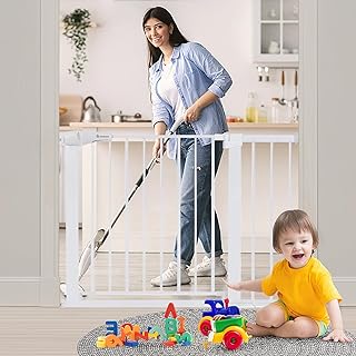 COMOMY Stair Gate 75-103cm, Pressure Fit Baby Gate, Auto Close Dog Gates Indoor, Child Safety Gate for Doorways, Pet Gate with Easy Walk Thru Door, Metal Gate with Extensions, 76cm Tall (White)