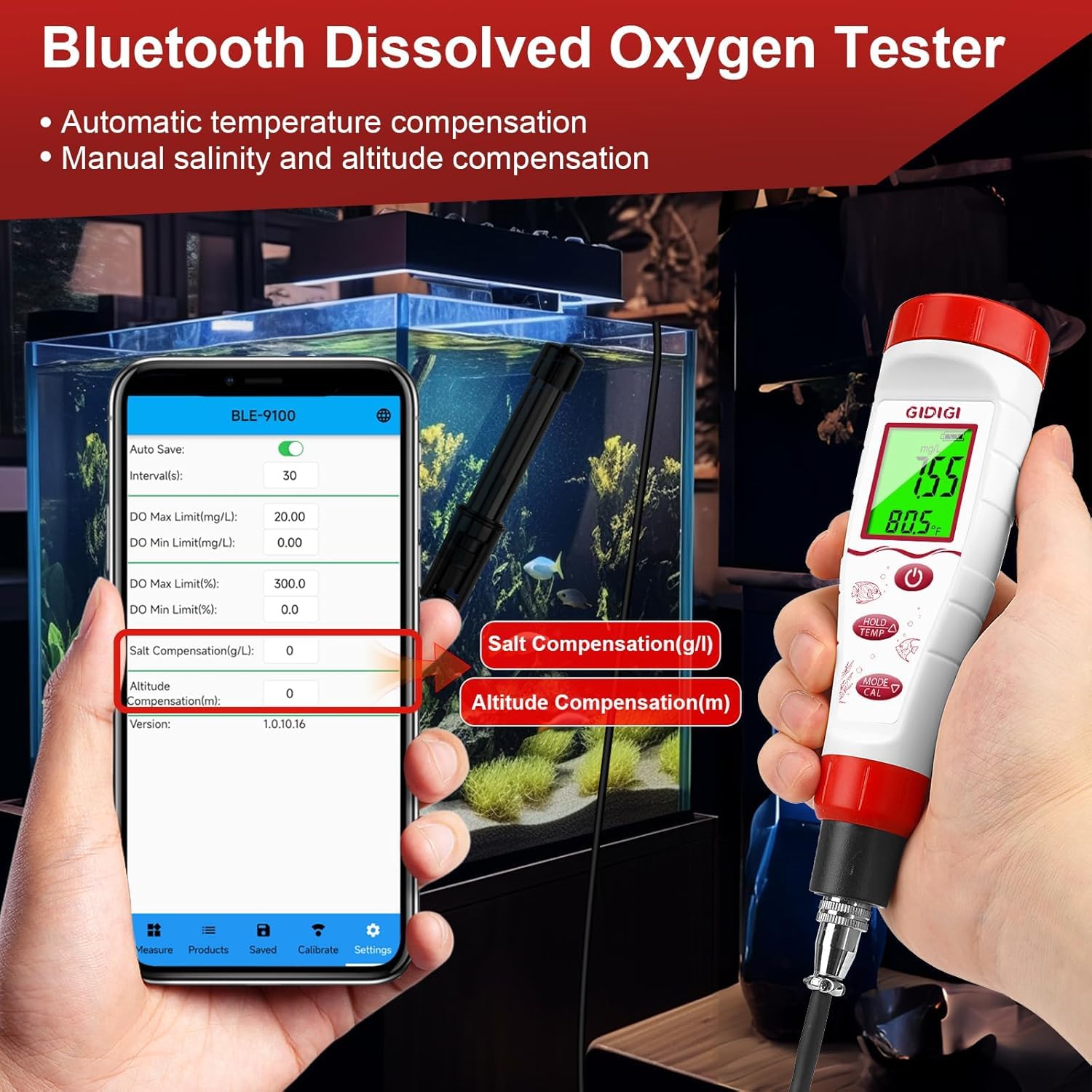 Dissolved Oxygen Meter, Digital DO Tester with ATC and Salt Compensation, Pond Dissolved Oxygen Tester with 9.84ft DO Probe Cable, Dissolved Oxygen Test Kit for Aquarium, Ponds, Fish Tank