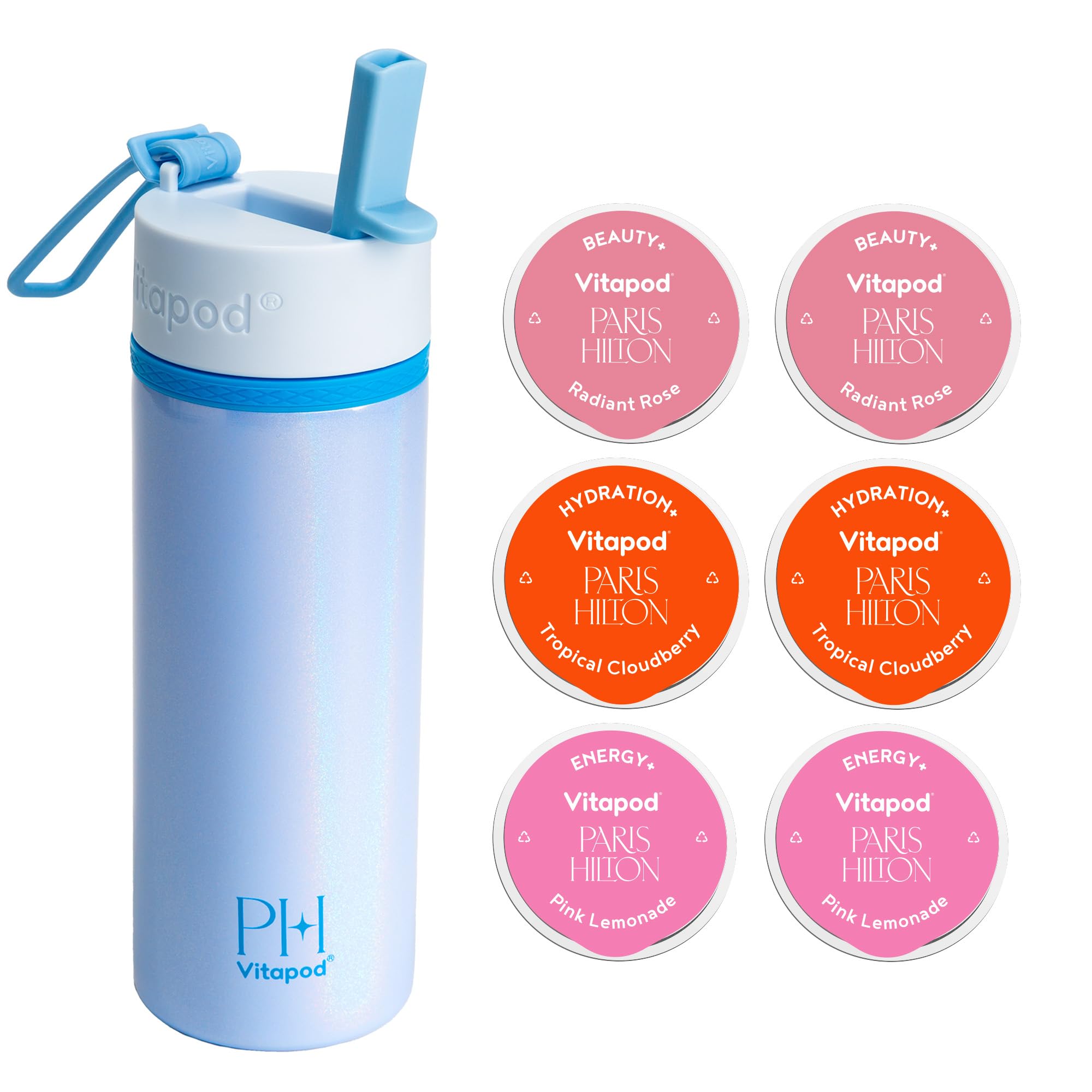 Vitapod Paris Hilton x Daily Wellness System - 22oz Pearlescent Water Bottle in Poolside Blue & 6 Drink Mix Pod Sampler, Includes BEAUTY+, HYDRATION+, and ENERGY+ Functional Drink Mix Pods