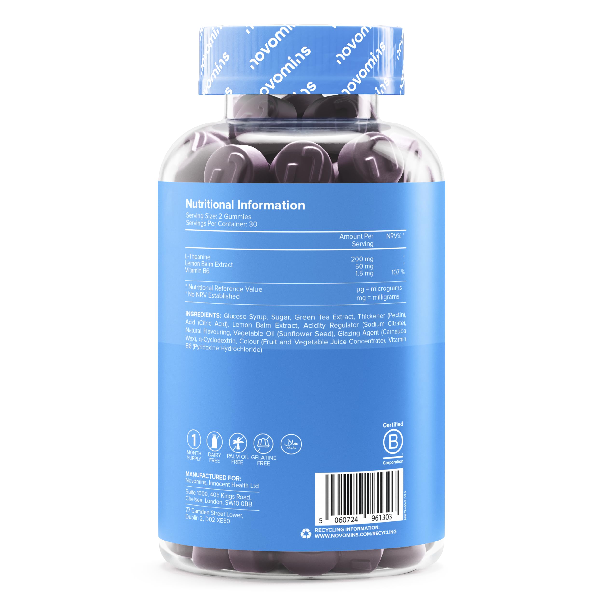 L-Teanina, 200 mg, 60 Gommose, Novomins | Sostiene la Funzione Psicologica, Aiuta a Ridurre la Stanchezza, con L-Teanina e Melissa, Vegano, Halal, Testato da Eurofins