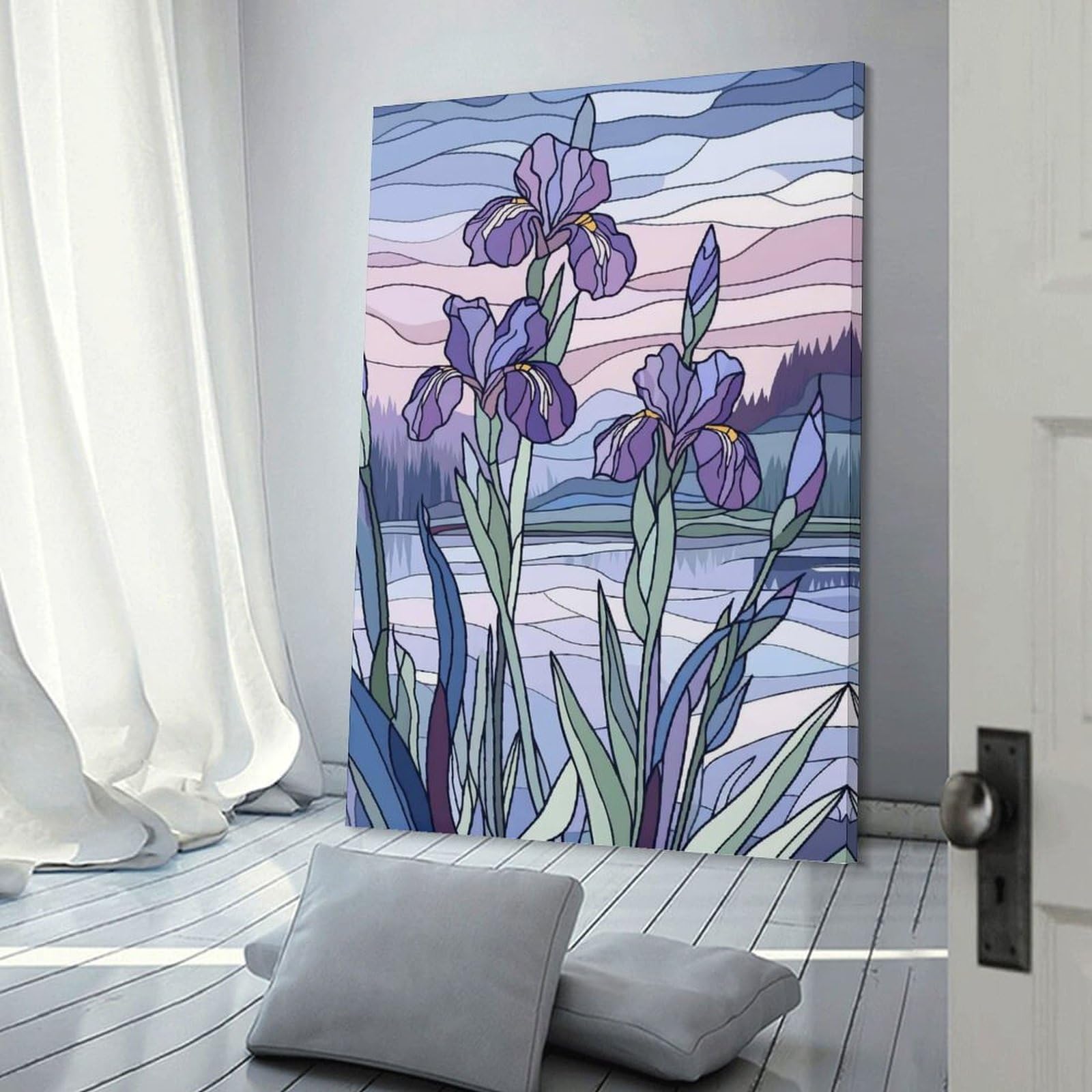 Junmoney Purple Irises Landscape Wall Art Print 24x36inch(60x90cm), for Lounge, Study, Hallway Or Flat Walls, Decorative Artwork with Broad Appeal