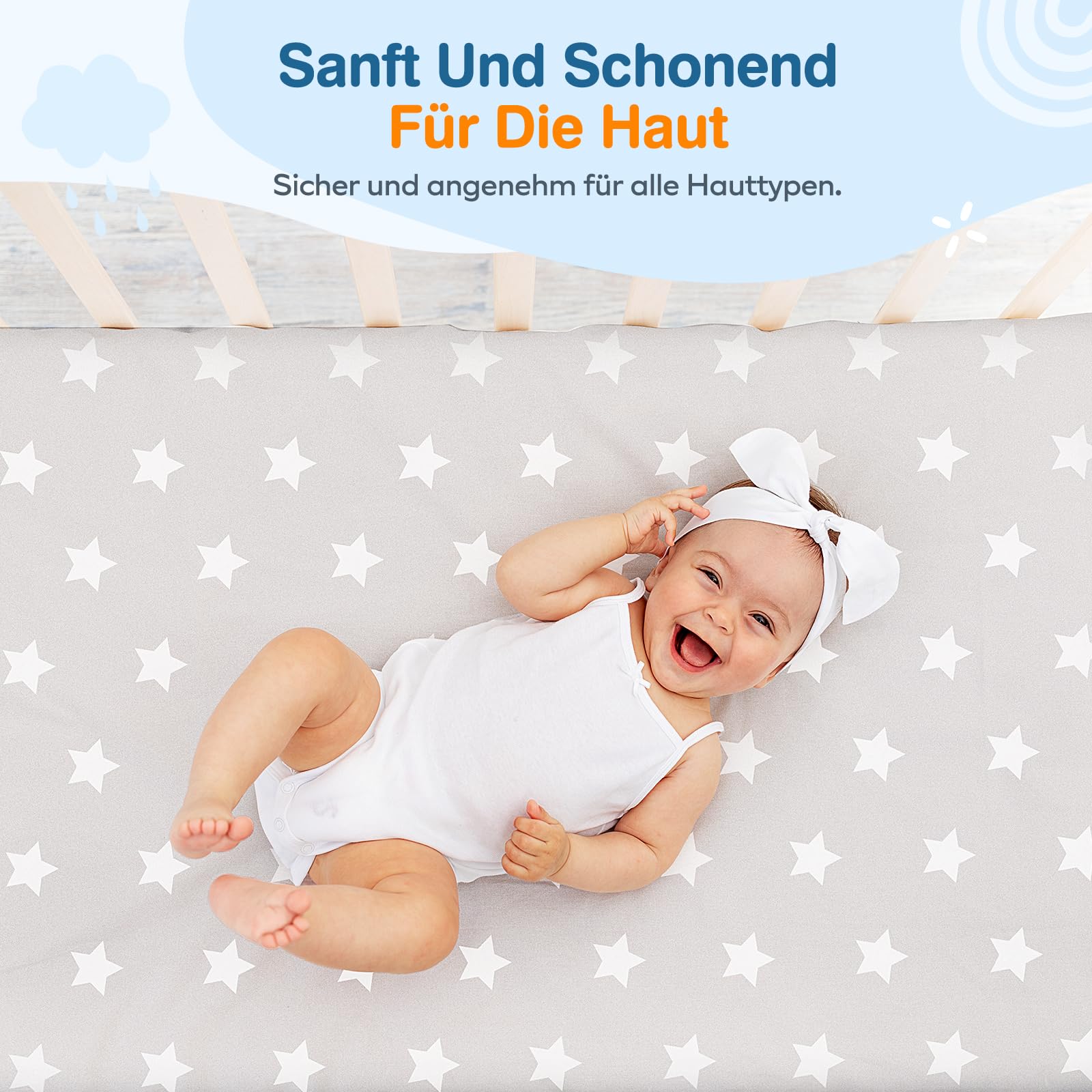 Baby Spannbettlaken 70 x140cm, 3er Set Spannbetttuch für Babybett & Kinderbet, 2X Spannbettlaken Oeko-Tex Standard 100, 1X Matratzenschoner aus 100% wasserdichtem (Wal + Grauer Stern)