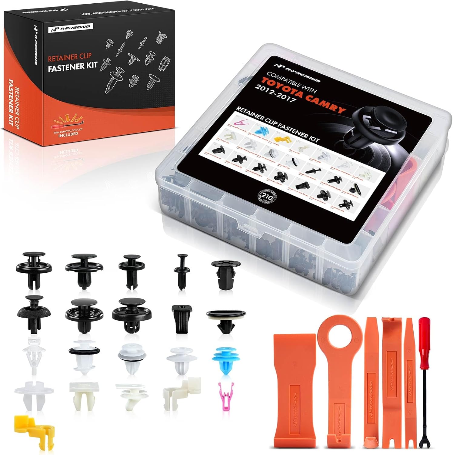 A-Premium 210PCS (21 Sizes/40 oz) Bumper Fender Retainer Clips Kit - Compatible with Toyota Camry 2012-2017 - Hood Door Trim Panel Push Pin Plastic Nylon Rivet Fastener Set, w/Removal Tool