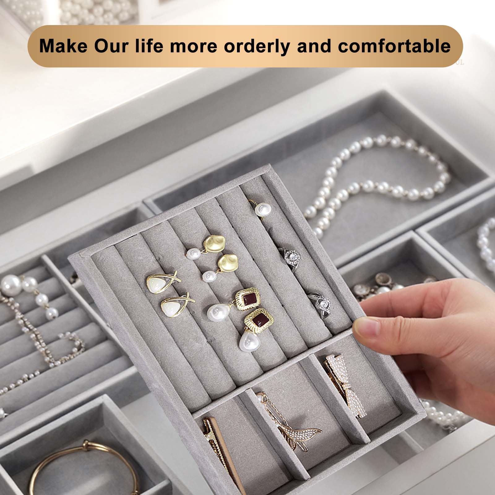 6 Stück Schmucktablett,Schmuckaufbewahrung Schublade,Schmuck Schublade Organizer Set,Schmuckaufbewahrung Stapelbar,Schmuckeinsatz für Schubladen,Schubladeneinsatz Schmuck für Halsketten - 4