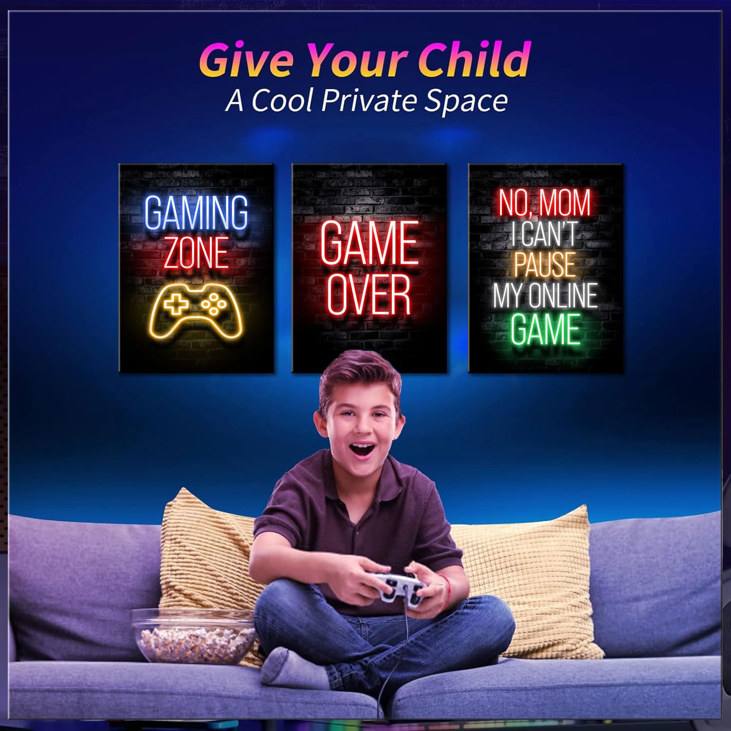 BGFCE Gaming-Poster auf Leinwand, Wanddeko fürs Jugendzimmer, Gamer-Deko fürs Jungenzimmer, Gaming-Wandbilder für Jungen, 61 x 40,6 cm, gerahmtes 3er-Set