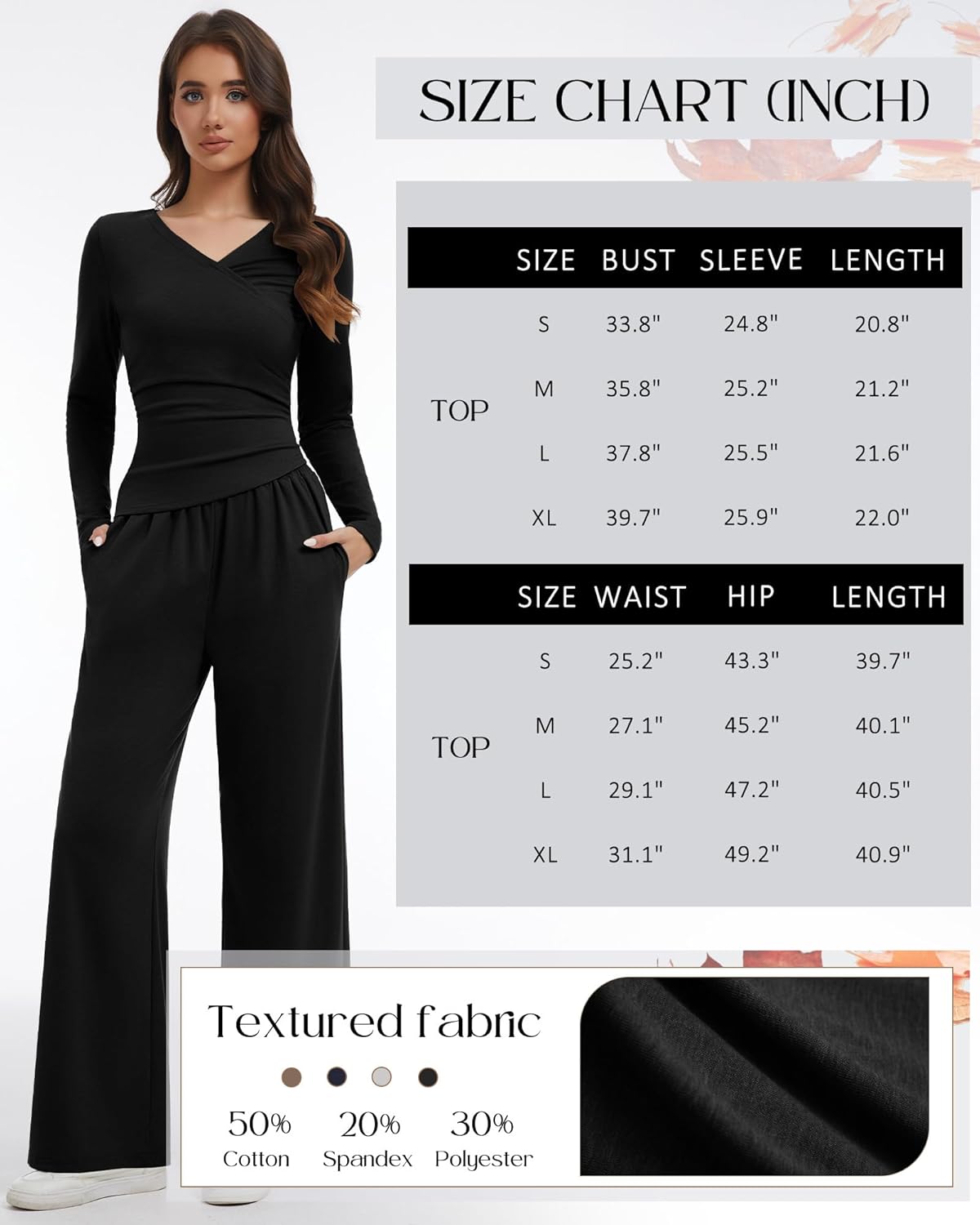 Women's 2 Piece Lounge Sets Fall Outfits Warp V Neck Shirts and Wide Leg Pants Long Sleeve Casual Matching Sets - Image 7