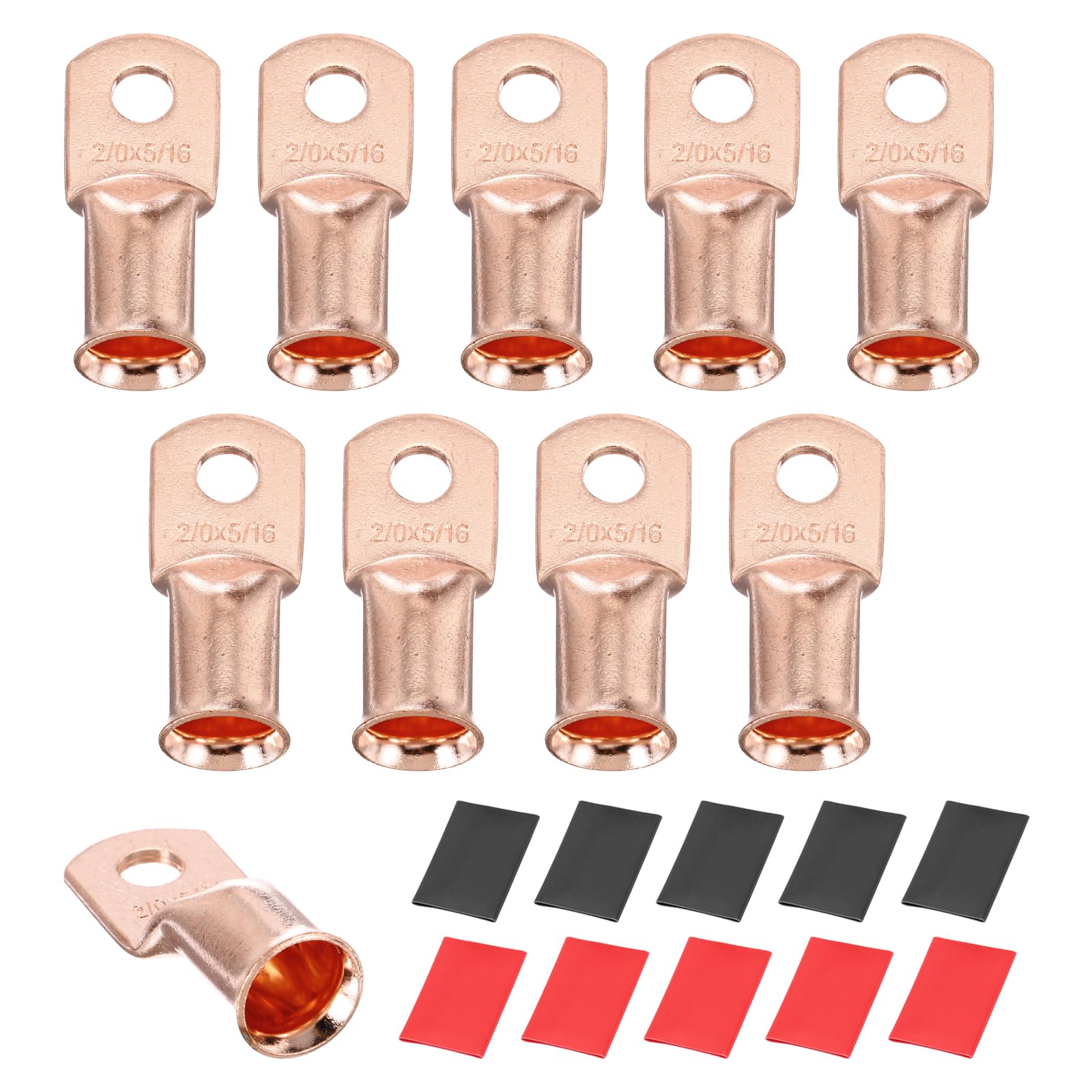 sourcing map 10pcs 2/0 AWG M8 Battery Lugs Ring Terminals, 5/16" 8mm Stud Crimp Wire Terminal Connector End Copper, 3:1 Heat Shrink Tubing, Gold
