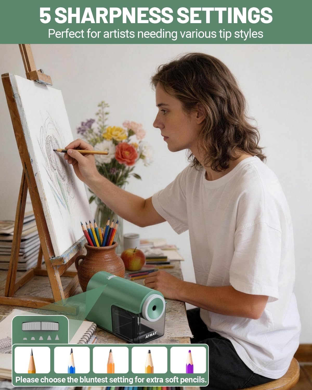 AFMAT Taille-Crayon Électrique Entièrement Automatique Rechargeable avec Réservoir - Plus de 10 000 Utilisations - Taille-Crayon Rapide Haute Performance pour N° 2/Jumbo/Crayons (φ6,5-10,5mm) - Vert