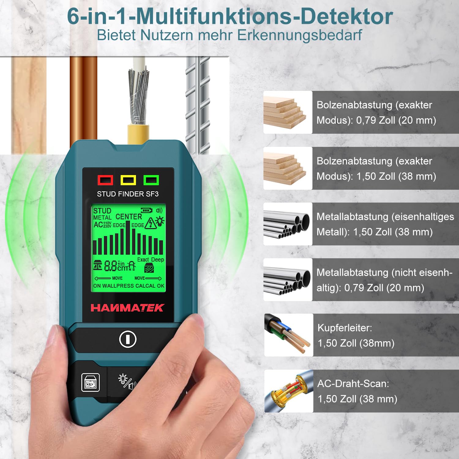 HANMATEK Leitungssucher Ortungsgerät SF3 Wand Scanner Detektor Multifunktional Stud Finder Holz/Eisenmetalle/Nichteisenmetalle/Kabel