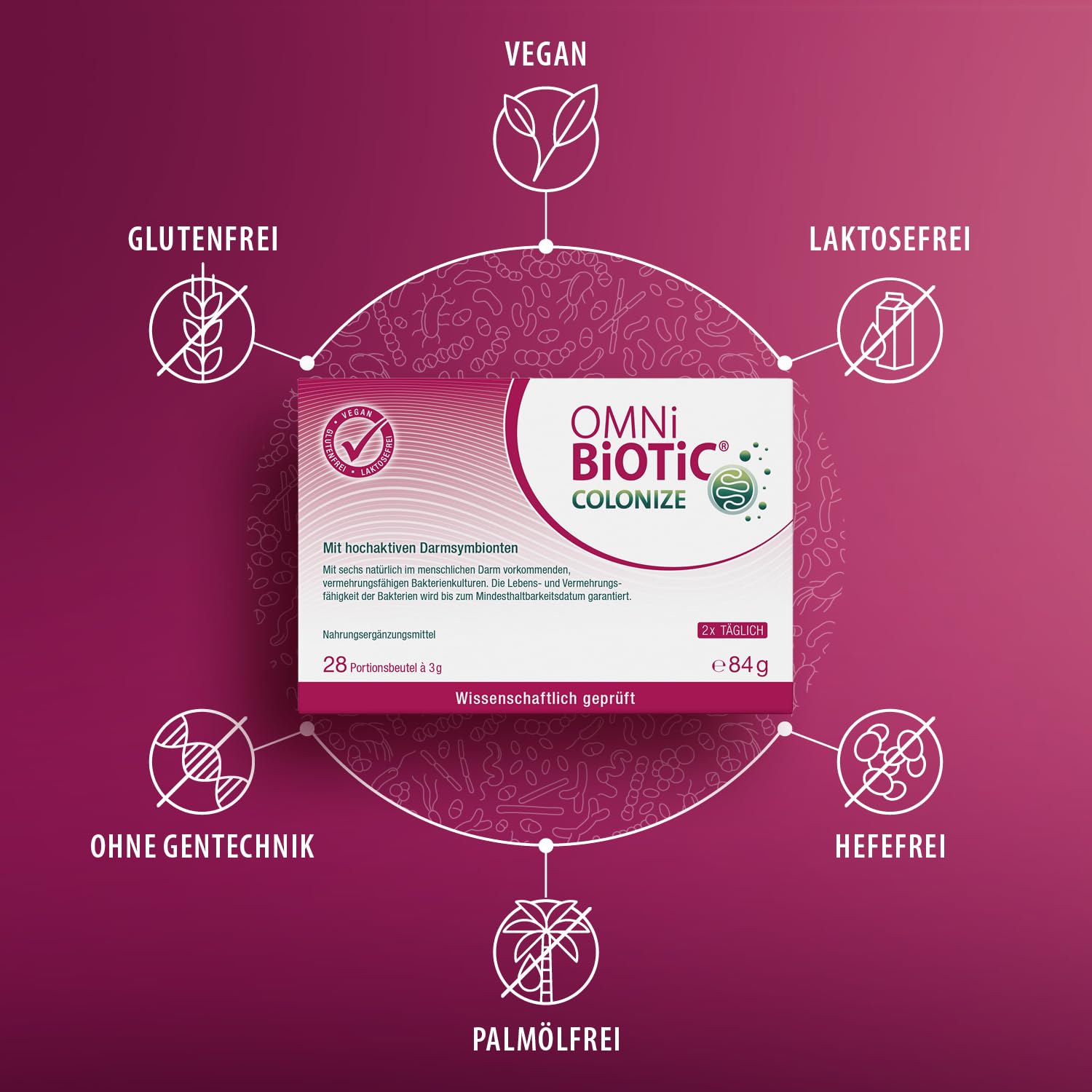 OMNi BiOTiC COLONIZE | 56 Portionen (168 g) | 6 Bakterienstämme | 18 Mrd. Keime pro Tagesdosis | Pulver | Vegan | Zur täglichen Anwendung | Mit Bakterien für die Darmflora