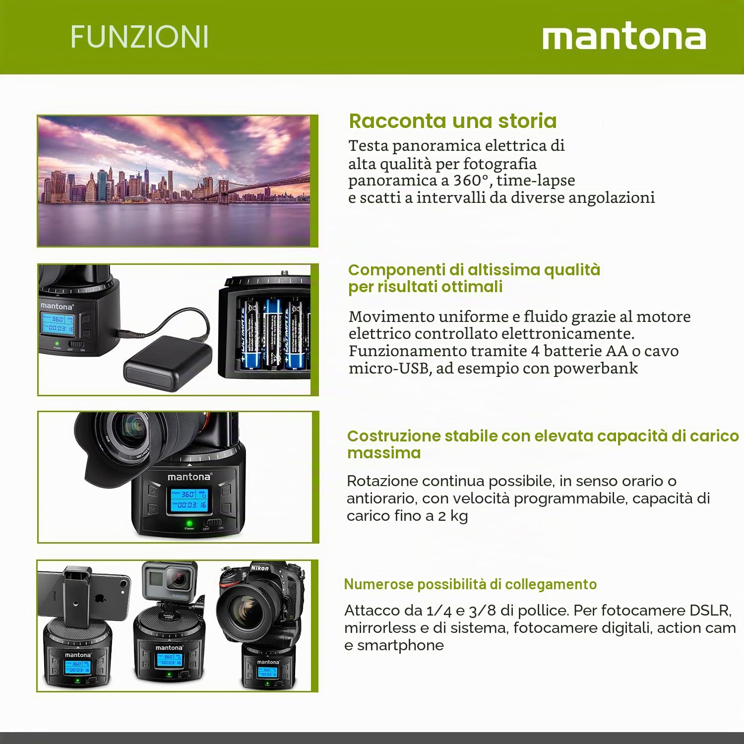 Mantona Testa panoramica motorizzata, riprese panoramiche a 360°, rotazione continua, utilizzabile con treppiedi fotografico, accessorio per fotocamere GoPro e smartphone