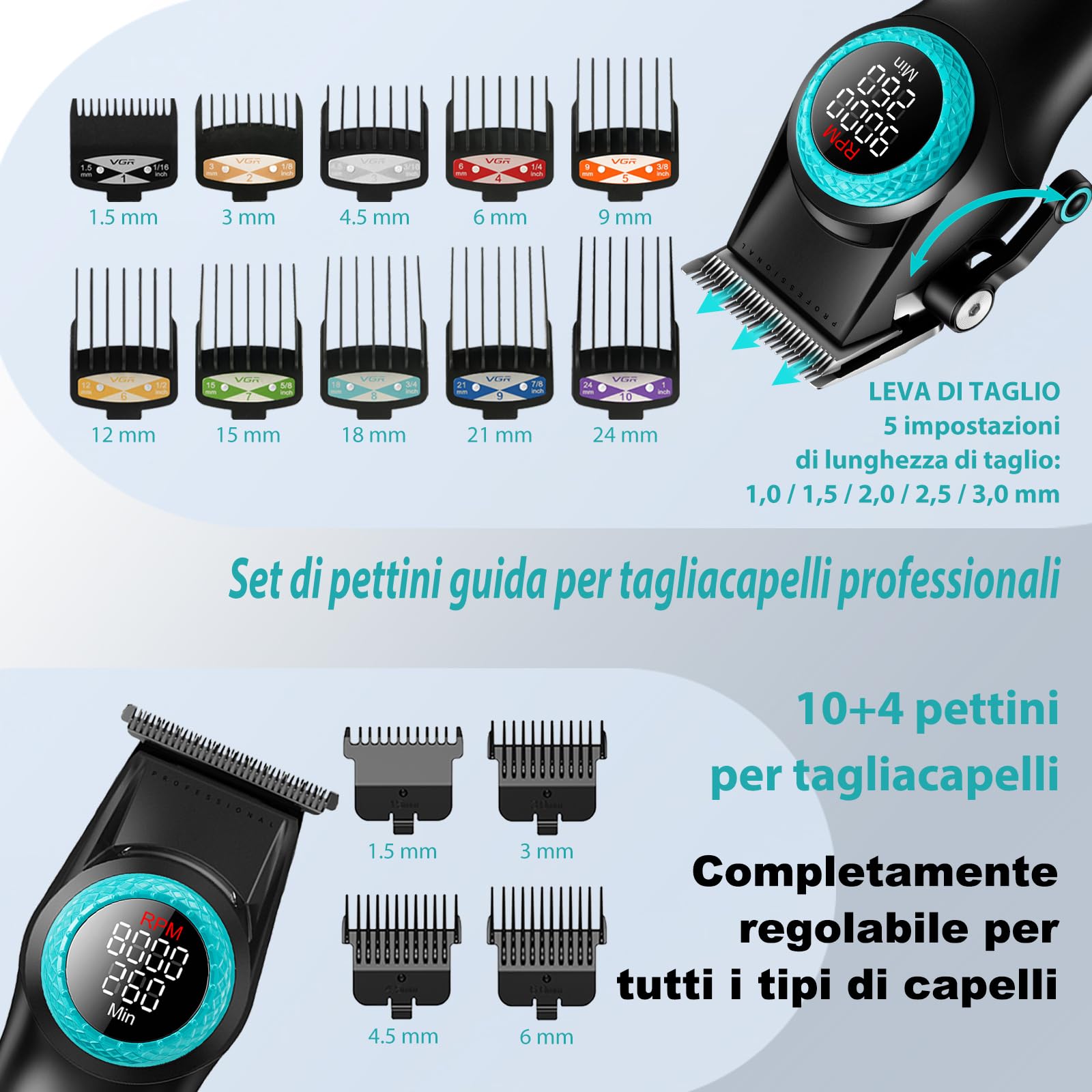 VGR 001 & 977 Tagliacapelli Uomo Professionale, Set Macchinetta per Capelli e Trimmer Zero Gap Senza Fili, Kit Barbiere con Lama DLC e Luce LED Spot, Ricarica USB con Base di Ricarica, Nero