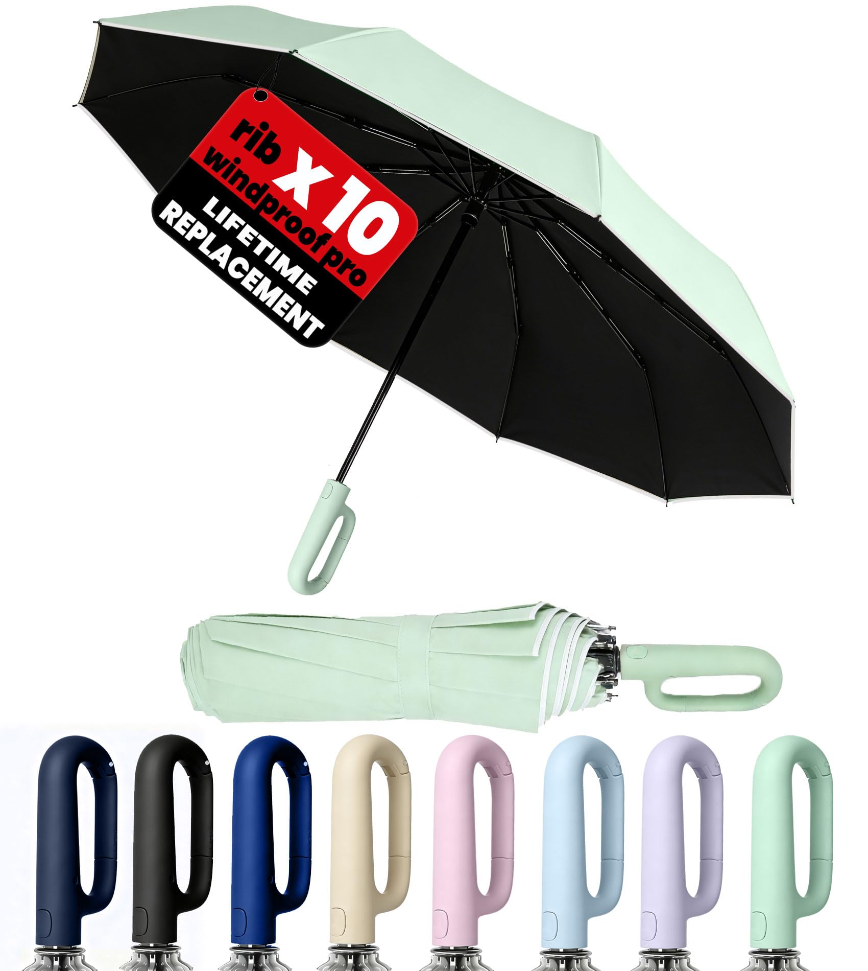 SIEPASA Travel Umbrella with Carabiner Handle - Windproof 10 Ribs Auto Open Close for Rain Sun Protection Compact