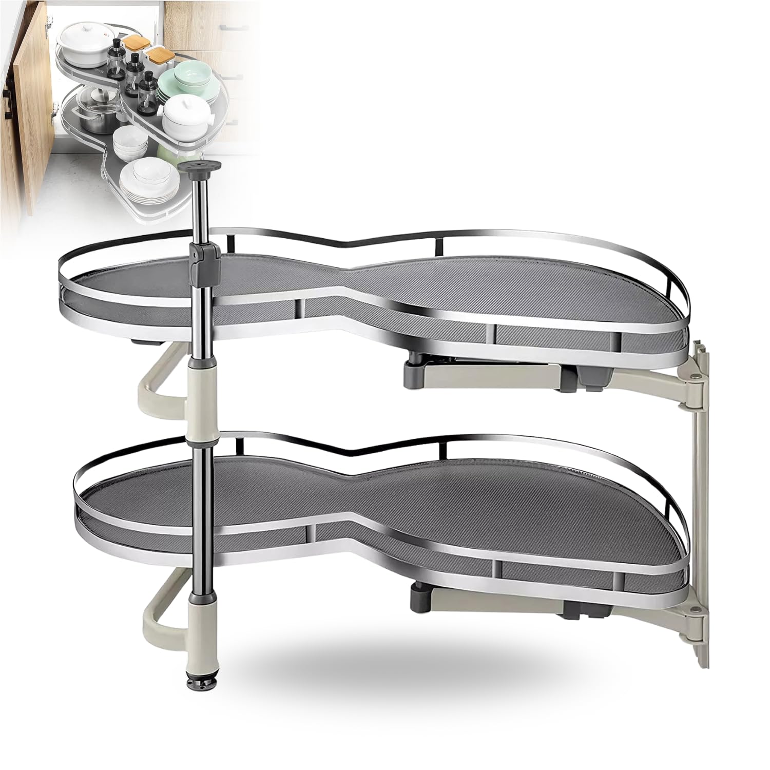 Evotrade Mecanismo angular de frijol para base de cocina, cesta extraíble amortiguada con 2 niveles, rotación de 270°, capacidad de carga de 40 kg, para mueble de esquina (puerta izquierda)