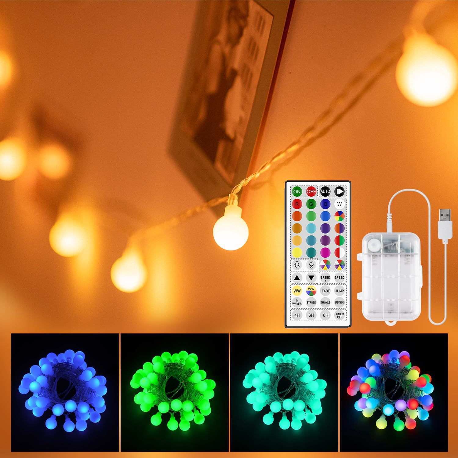 Guirlande lumineuse à piles, 40 LED 16 couleurs, alimentée par USB, avec télécommande, étanche, pour intérieur ou extérieur, pour chambre à coucher, camping, fête, patio, décoration de vacances