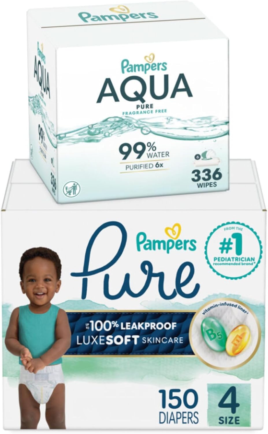 Pampers Pure Protection Disposable Baby Diapers Size 4, One Month Supply (150 Count) with Aqua Pure Baby Wipes, 6X Pop-Top Packs (336 Count)