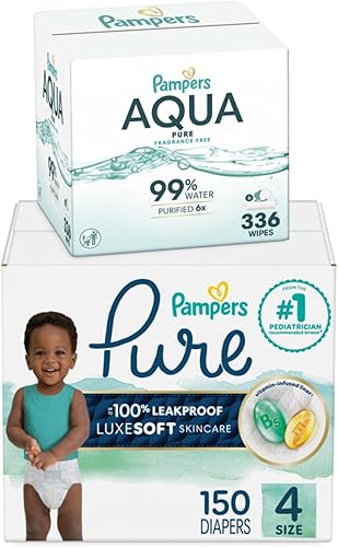 Pampers Pure Protection - Pañales desechables para bebé, talla 4, suministro de un mes (150 unidades) con toallitas Aqua Pure, 6 paquetes Pop-Top