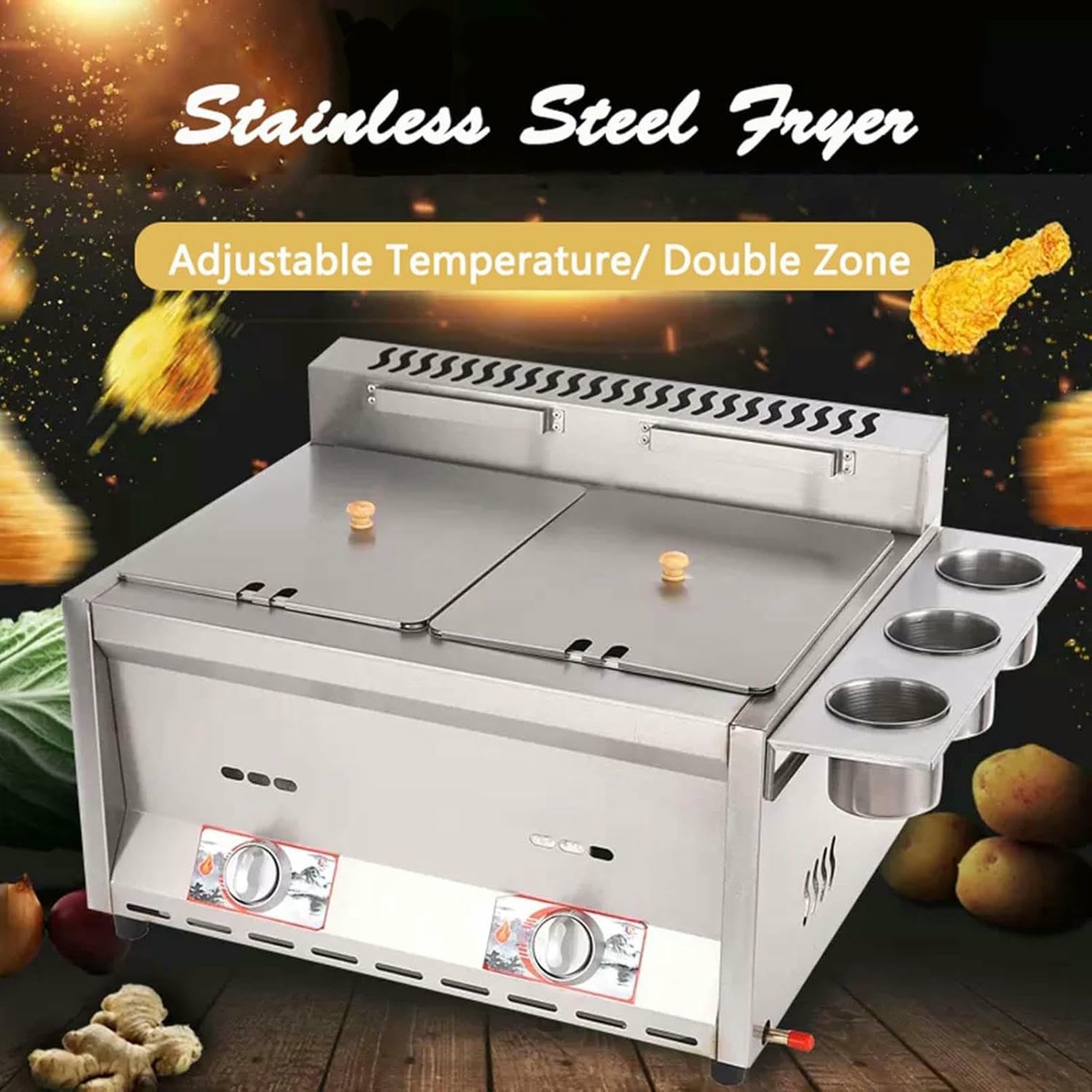 Friggitrice Professionale a Gas in Acciaio Inox con Doppio Serbatoio e Coperchio, capacità 2x10L, per Patatine Fritte, Snack di Carne