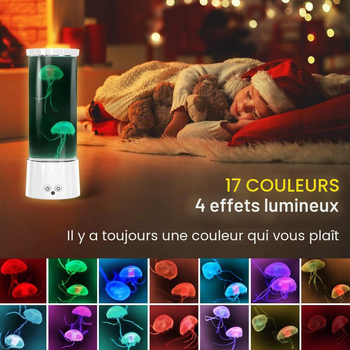 FBSPORT Lampe Meduse Lumineuse Aquarium 17 Couleurs Changeantes Jellyfish Lamp avec Télécommande, Alimenté par Batterie/USB Relaxante Light pour Enfants Hommes Femmes Décoration Cadeau