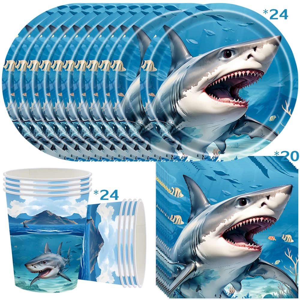 Squalo Stoviglie per Feste di Compleanno Decorazioni Animali Marini Stoviglie Set Compleanno Squali Stoviglie Forniture per Feste Bicchieri Piatti Carta Tovaglioli 24 Ospiti