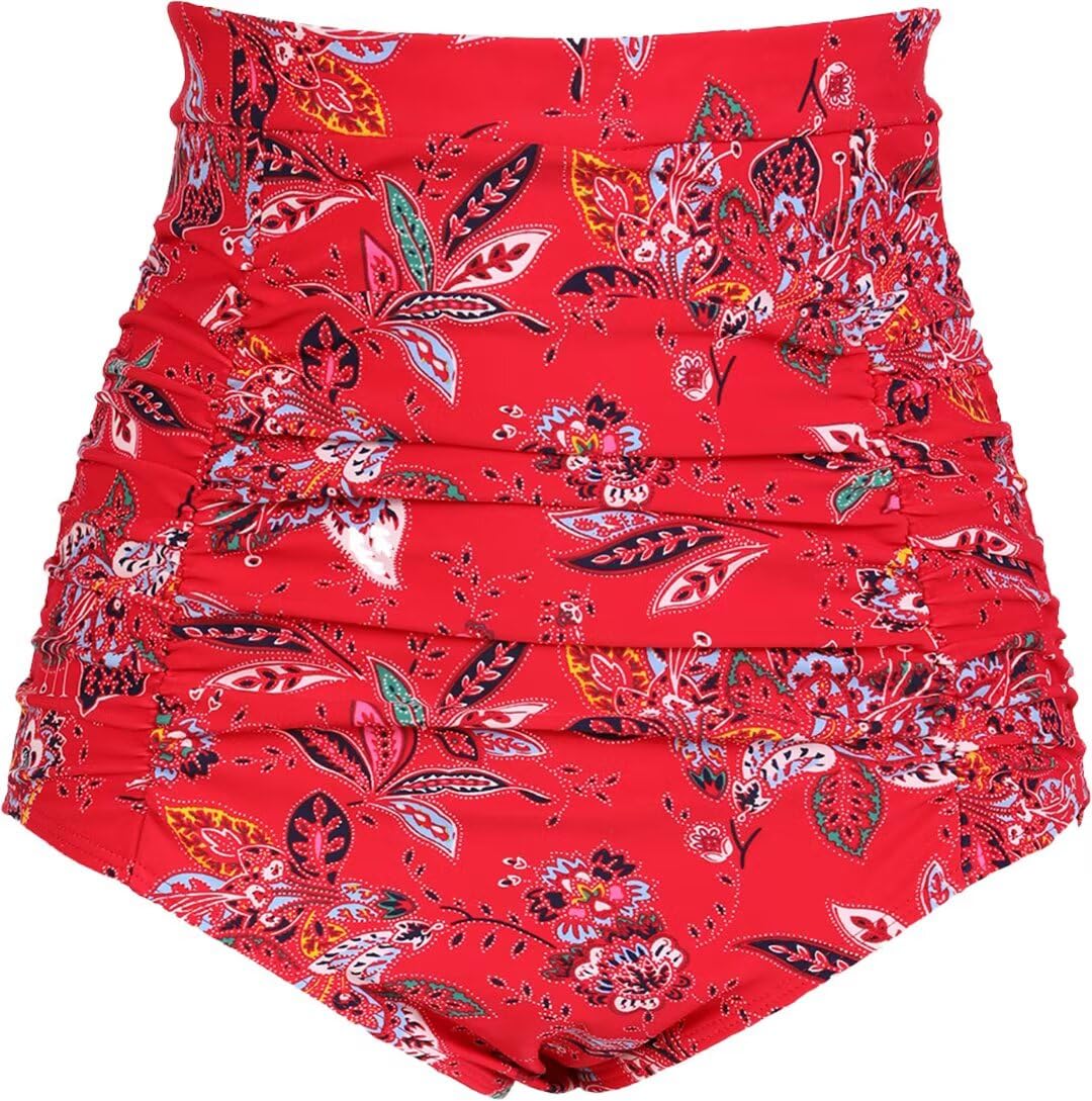 cocopear Women's Ruched High Waisted Bikini Bottom Retro Vintage Swim Short Tankinis (FBA) Floral 45 S/4-6-picture-15