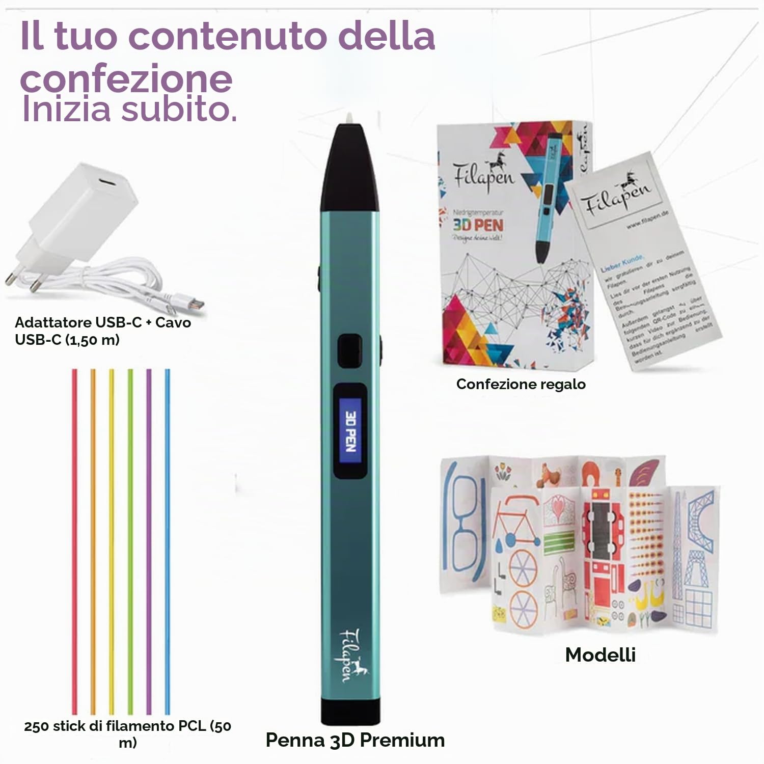 Filapen Penna 3D Premium con 10 filamenti e astuccio, penne 3D per bambini e adulti, con modelli, set di penne 3D per principianti e professionisti, set fai da te, con modelli
