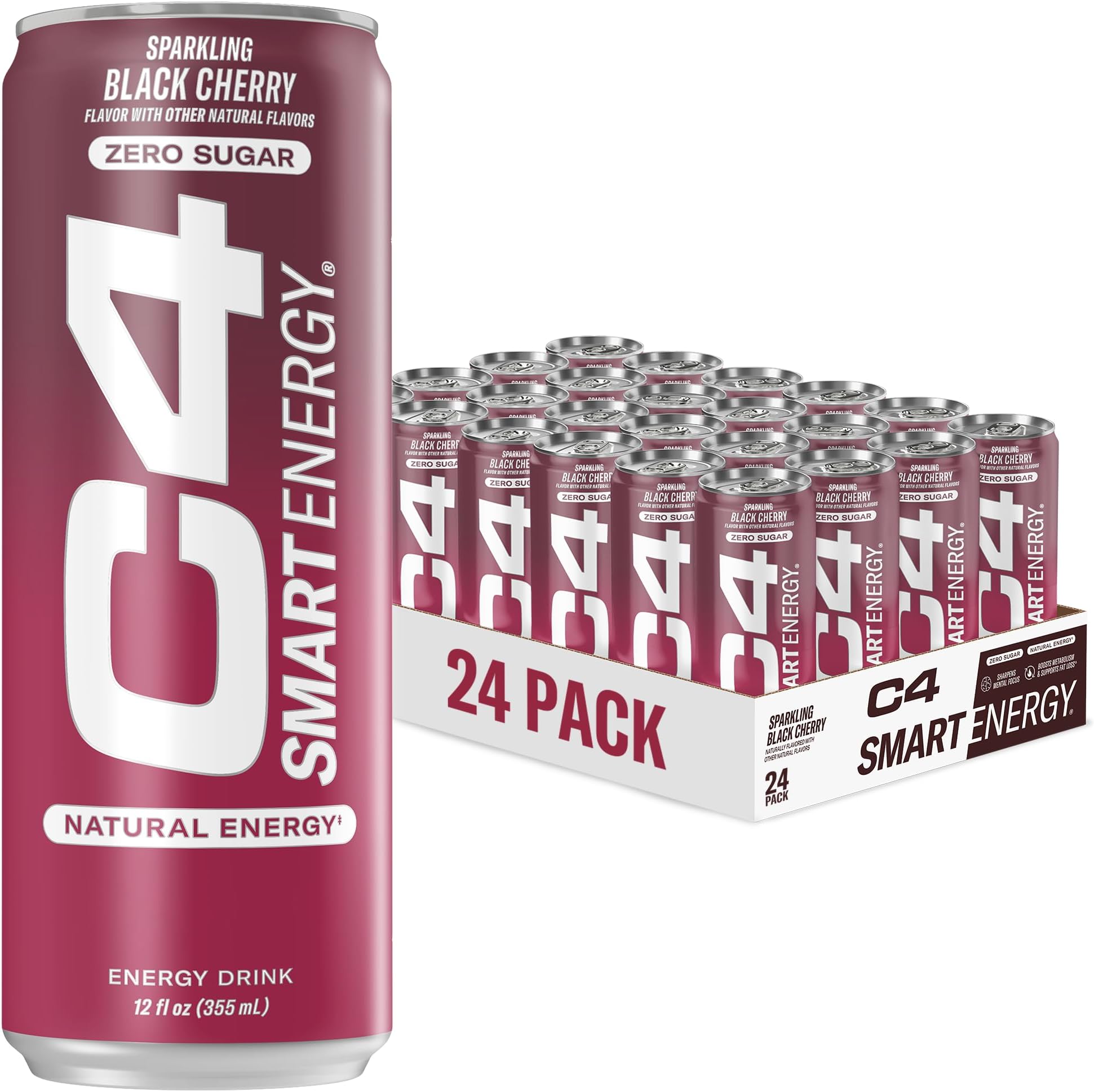 Smart Energy Drink - Sugar Free Performance Fuel & Nootropic Brain Booster, Coffee Substitute or Alternative | Black Cherry 12 Oz - 24 Pack