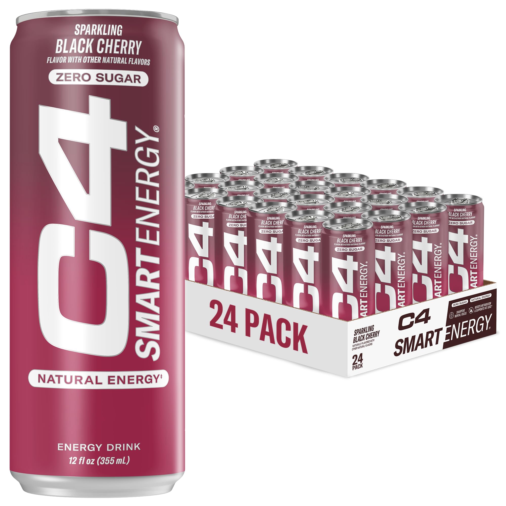 C4 Smart Energy Drink - Sugar Free Performance Fuel & Nootropic Brain Booster, Coffee Substitute or Alternative | Black Cherry 12 Oz - 24 Pack