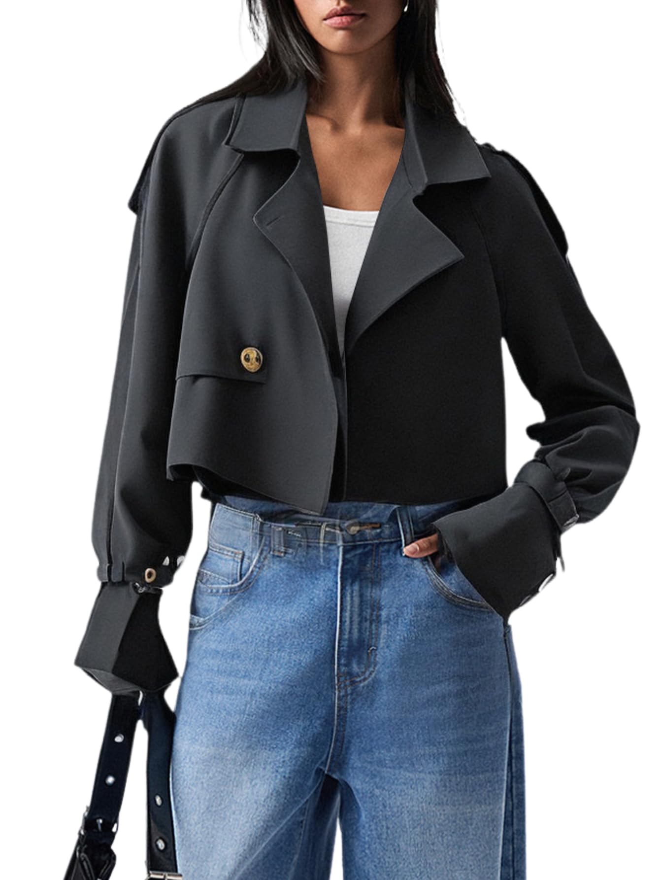 Verdusa Womens Button Front Buckle Raglan Sleeve Crop Jacket Trench Coat
