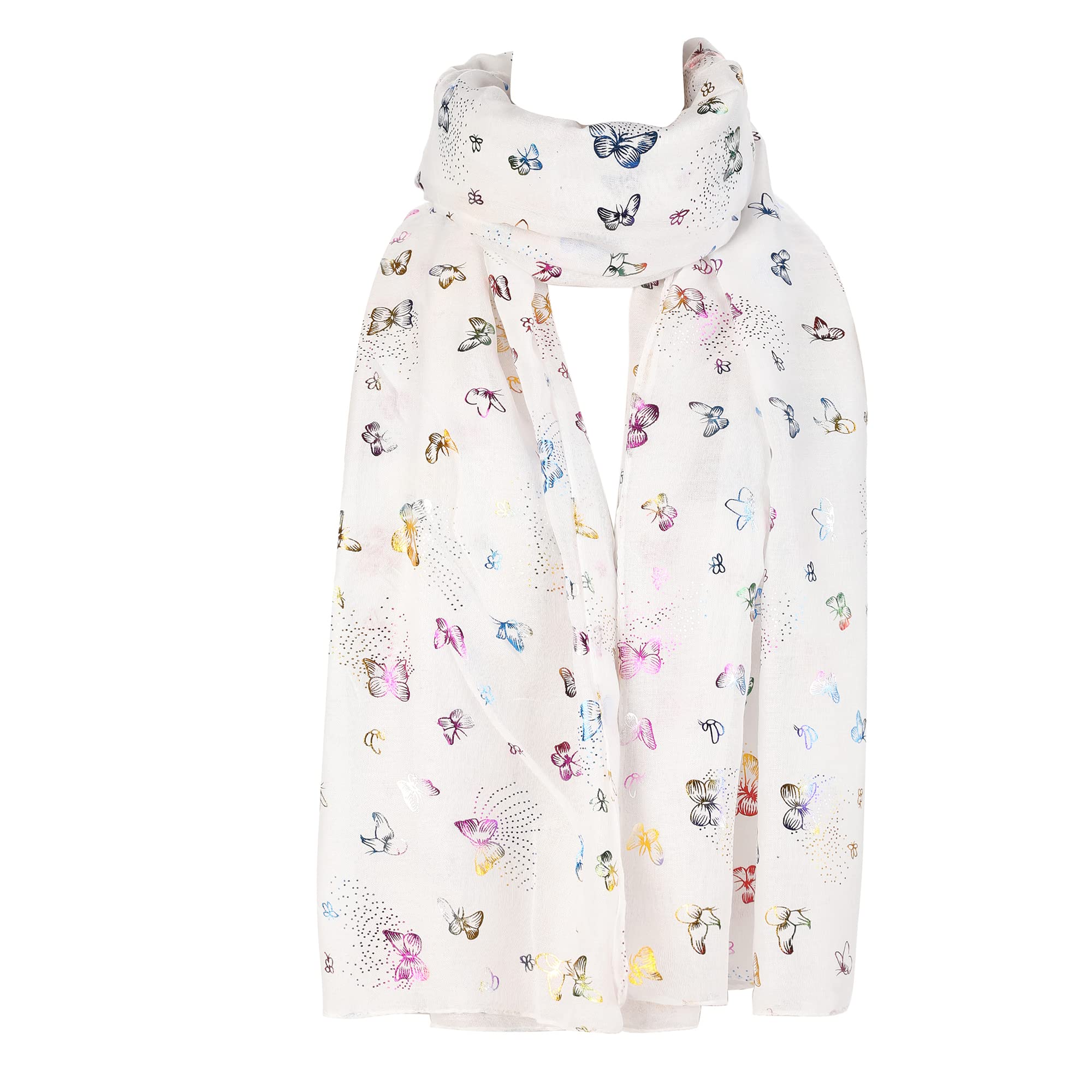 London Scarfs New Ladies Women's Glitter Foiled Flamingo,Swallow Birds & Butterfly Print Scarfs (Butterfly glitter Multi Colour White)