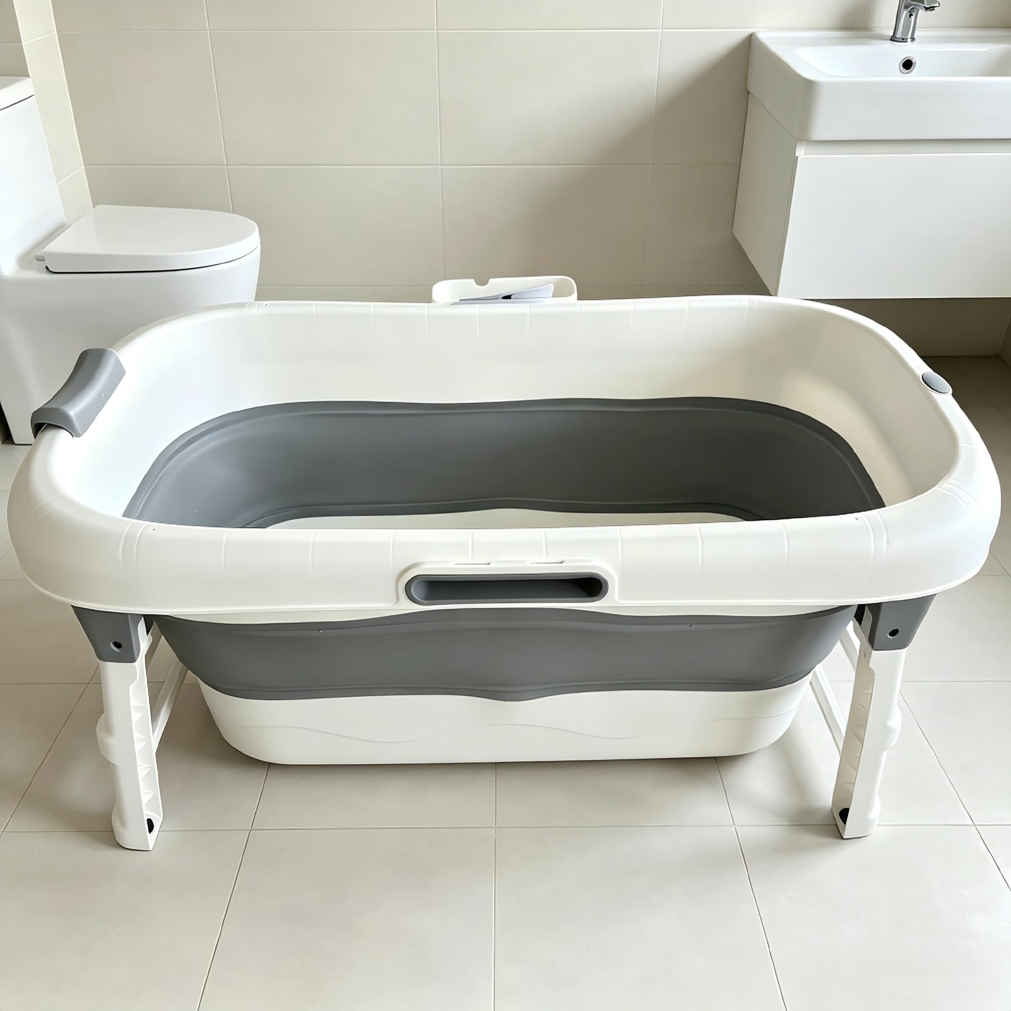 Bañera plegable portátil de tamaño adulto con almacenamiento plegable con rodillos de masaje y bandeja de almacenamiento, bañera grande y reforzada, color gris, 117 cm
