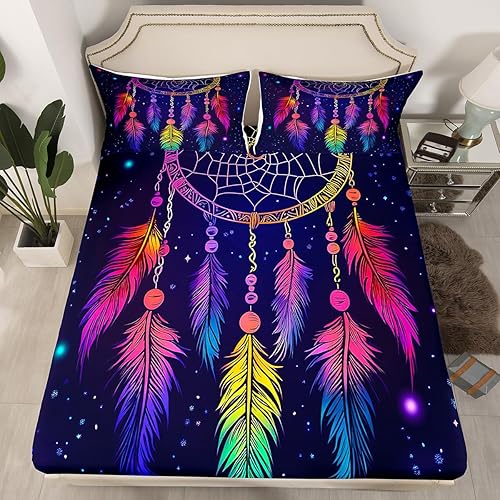 Juego de sábanas bajeras de estilo bohemio con diseño de atrapasueños, tamaño matrimonial, diseño de atrapasueños de arcoíris para niños y