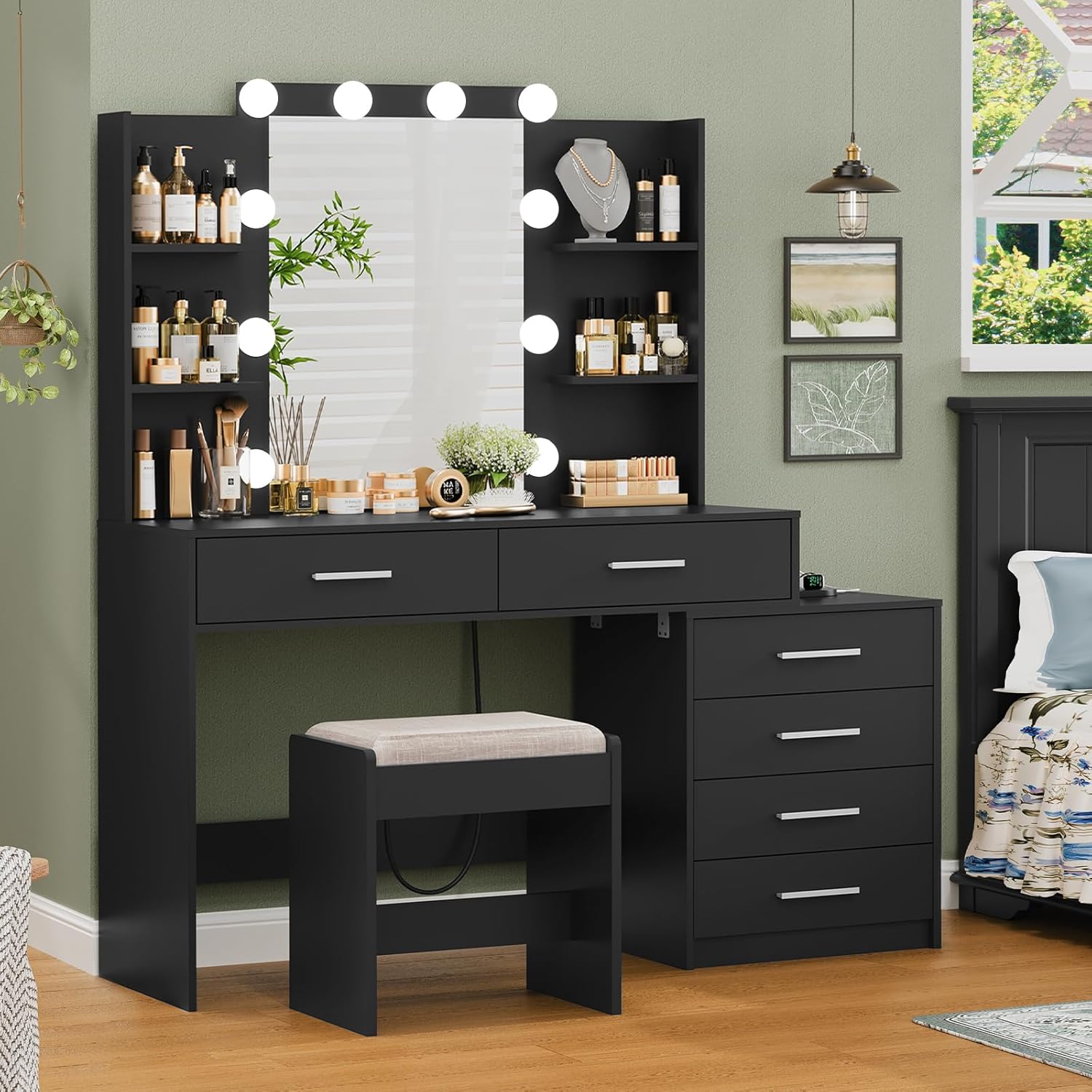 Quimoo Vanity Desk with 6 drawers and open shelves, showcasing its wide table and storage capacity.