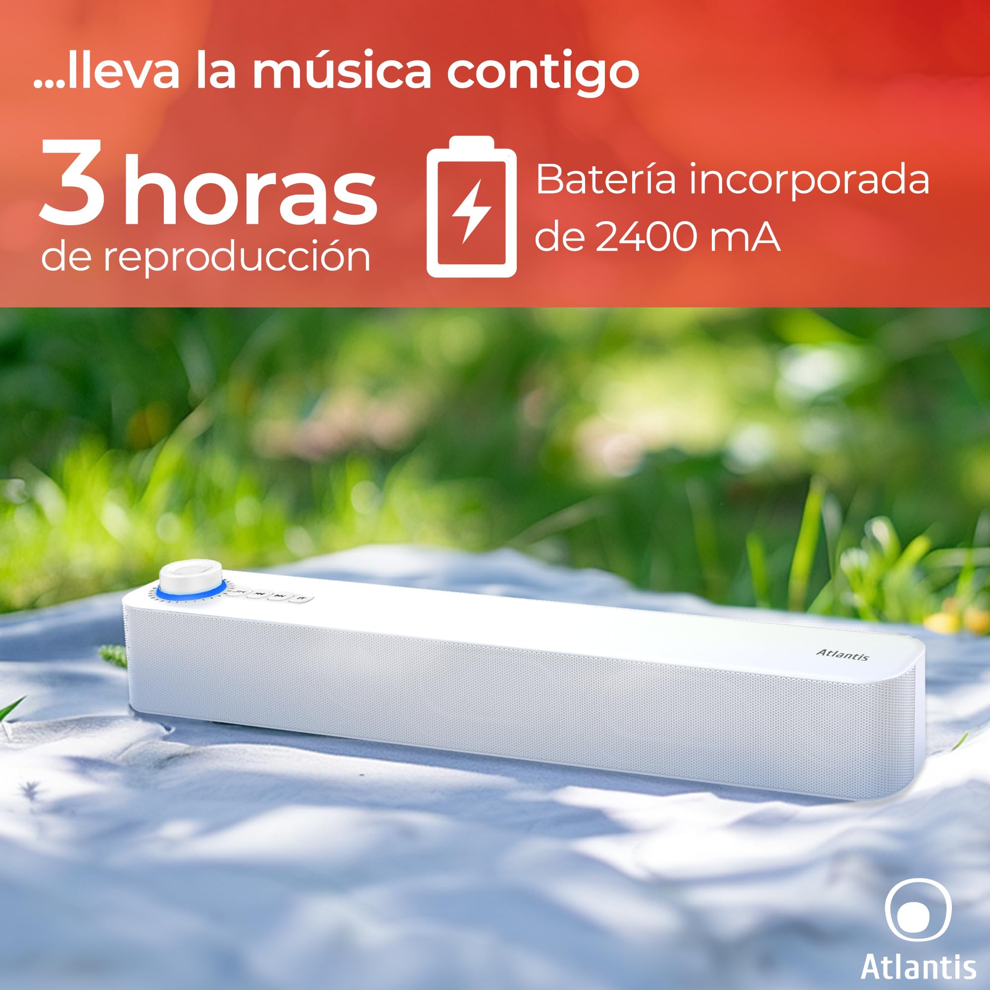 Atlantis Soundbar 20 W, Conector Jack 3,5 mm + Bluetooth 5.3, batería 2400 mAh, Radio FM, Altavoz para PC, portátil, TV, Smartphone. Dimensiones: 420 x 60 x 74 mm. Color: Blanco. P003-C0820-B