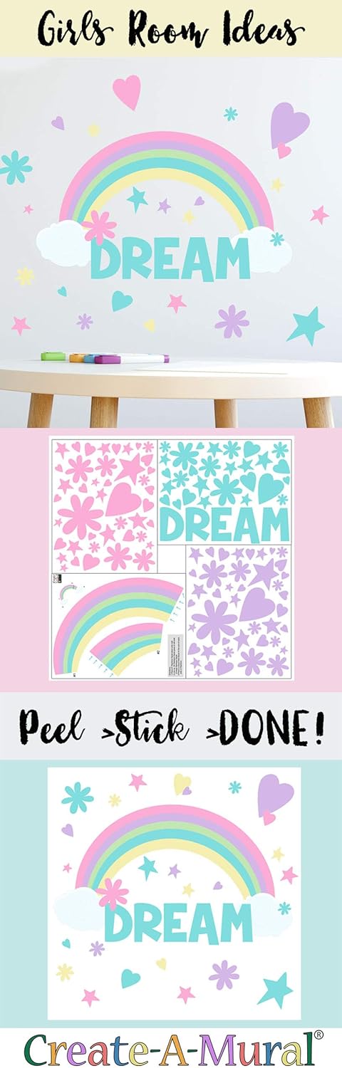 Rainbow Dream Pastel Girls Wall Decals (118) Wall Stickers of Hearts, Stars & Flowers for Bedroom Playroom Bathroom Decor Stickers for Nursery Toddler Teen Decoration (Rainbow Dream)
