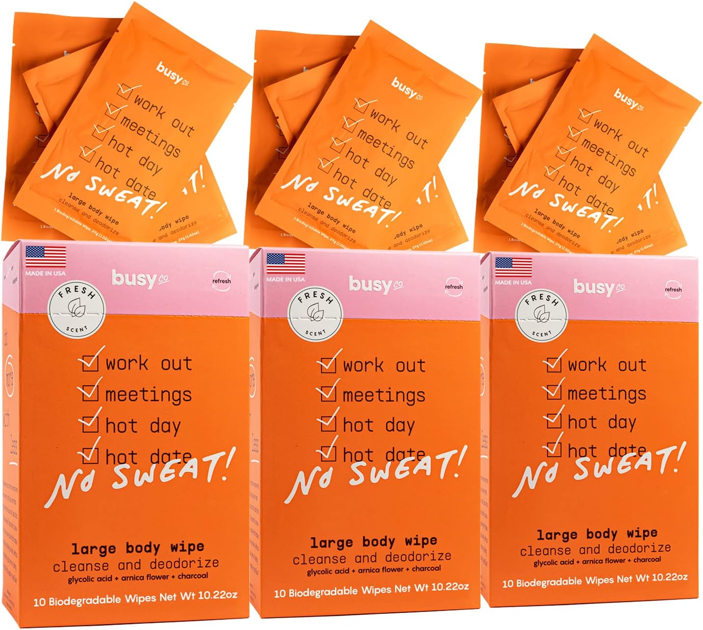 BUSYCORefresh Line Body Wipes for Women - Pack of 3 (10ct) Fresh Citrus Body Wash Wipes & Armpit Wipes - Zero-Waste Gym Wipes & Cleansing Wipes - No Rinse Bathing Wipes for Adults