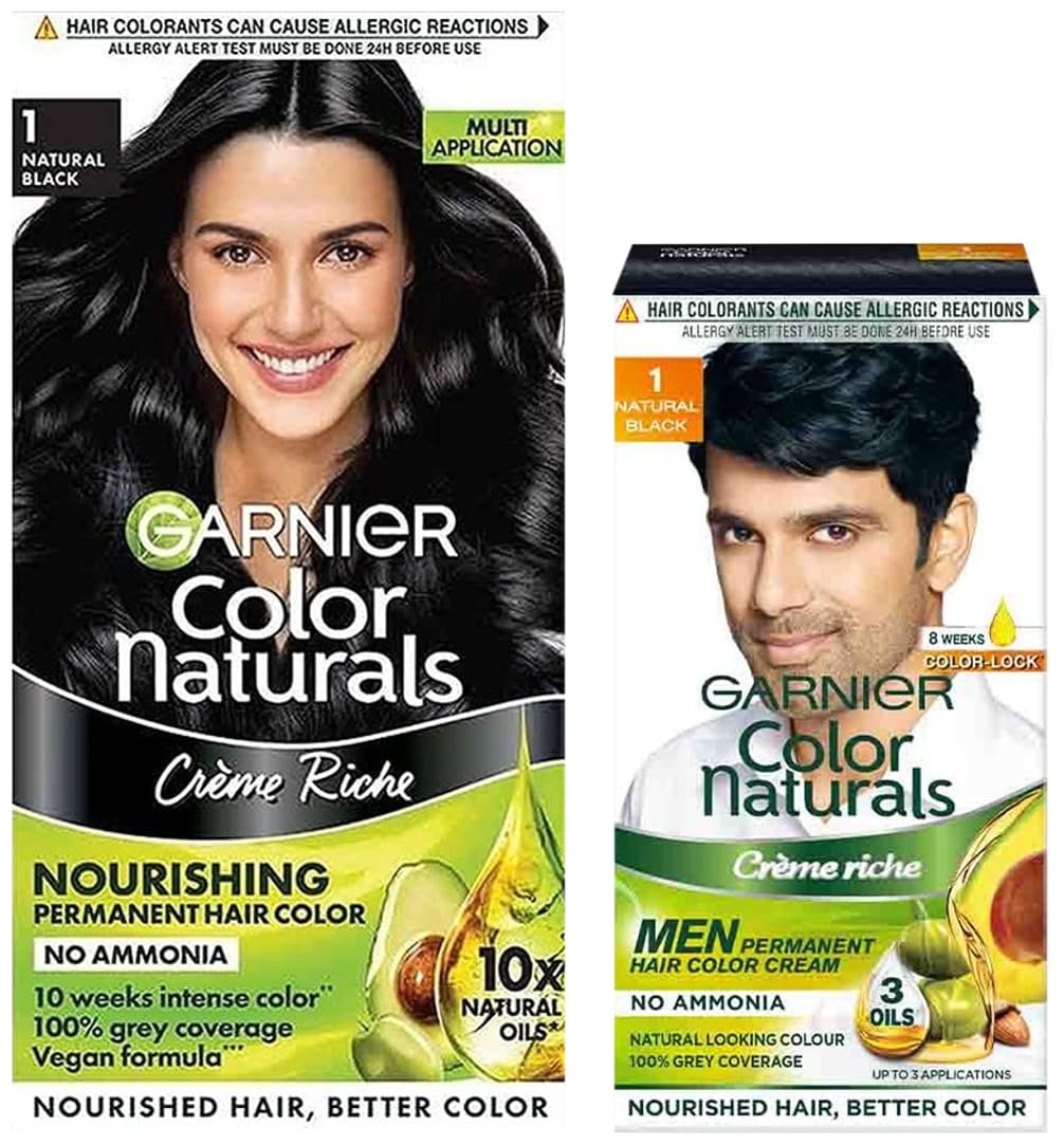 Color Naturals Crème hair color, Shade 1 Natural Black, 70ml + 60g And Garnier Color Naturals Men, Natural Black, 30ml+30gm