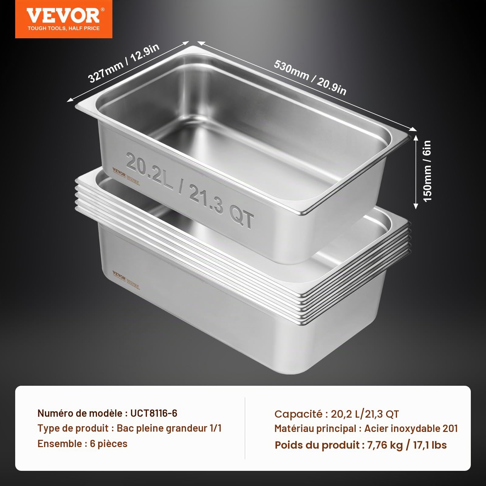 VEVOR Bac Gastronorme GN 1/1 Lot de 6, Récipient Inox pour Bain-marie 0,8 mm d'Épaisseur, Bac Inox Alimentaire 15 cm Profondeur, pour Fours à Convection, Réfrigérateurs, Stockage, Restauration