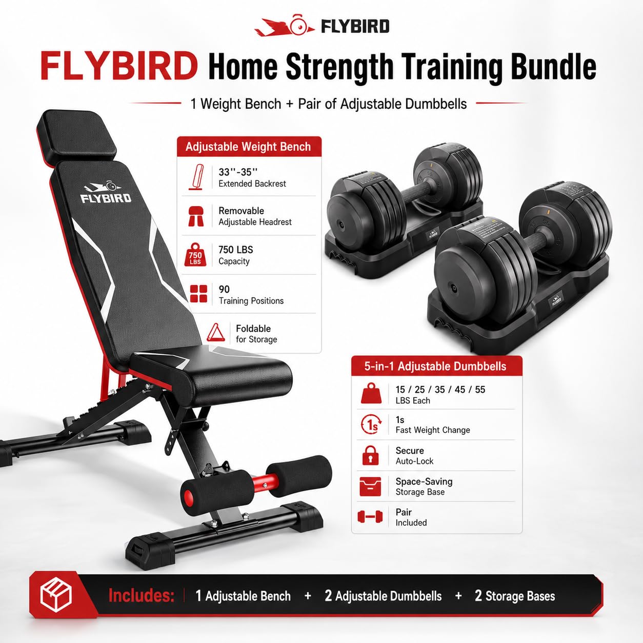 750 LBS Capacity Adjustable Weight Bench with Pair of 55 LB Adjustable Dumbbells (Total 110LBS), Folding Workout Bench with Headrest, 5-in-1 Dumbbell Set with Storage Bases for Home Gym Strength Training