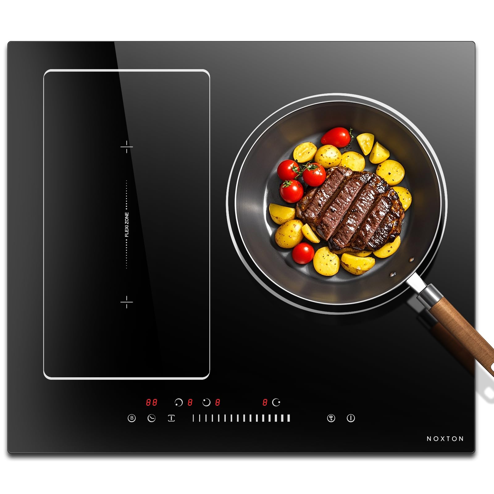 NOXTON Placa de Inducción 3 Fuegos, 60 cm, Flex Zone, Sin Enchufe | Funcion Boost, Control Táctil, Placa de Inducción Integrada, Bloqueo Para Niños, Temporizador, 6800 W