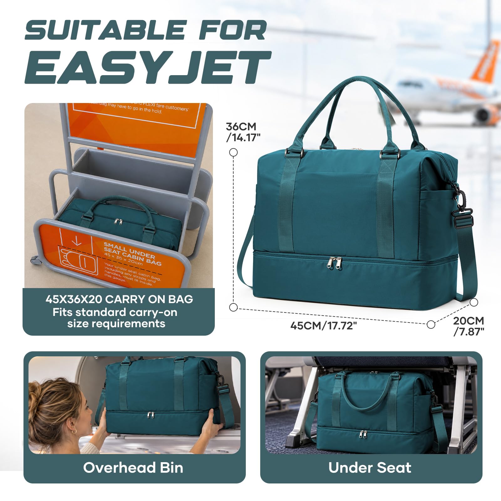 HPLQQ Bolsa de Viaje 45x36x20 Easyjet Equipaje de Mano Bolsa de Fin de Semana de Deporte Mujer con Compartimento para Zapatos Impermeable Bolsa Gimnasio Bolso Maternidad Hospital,A04-Azul Pavo Real